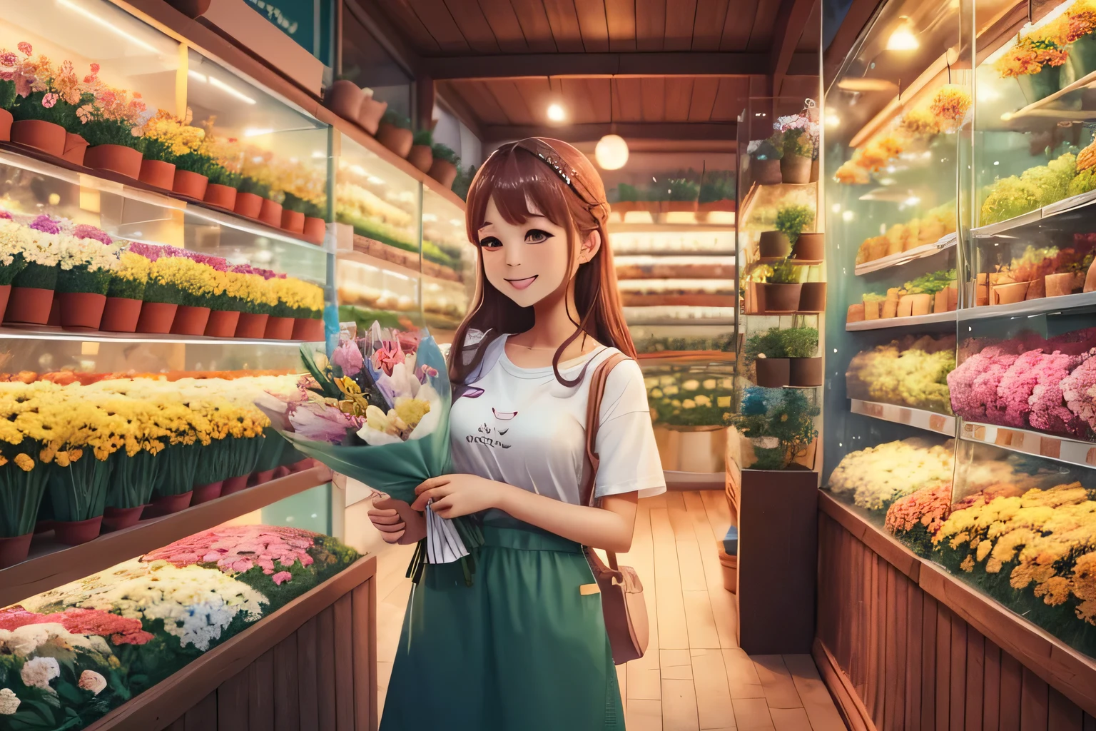 Best quality、超A high resolution、full bodyesbian、raining day，Outside the vitrine, in heavy rain，Girl working in a flower shop、Different potted plants、Lots of flowers，Wear a boyfriend-style loose T-shirt，Bouquets are being made、Florist background， Cute happy smile