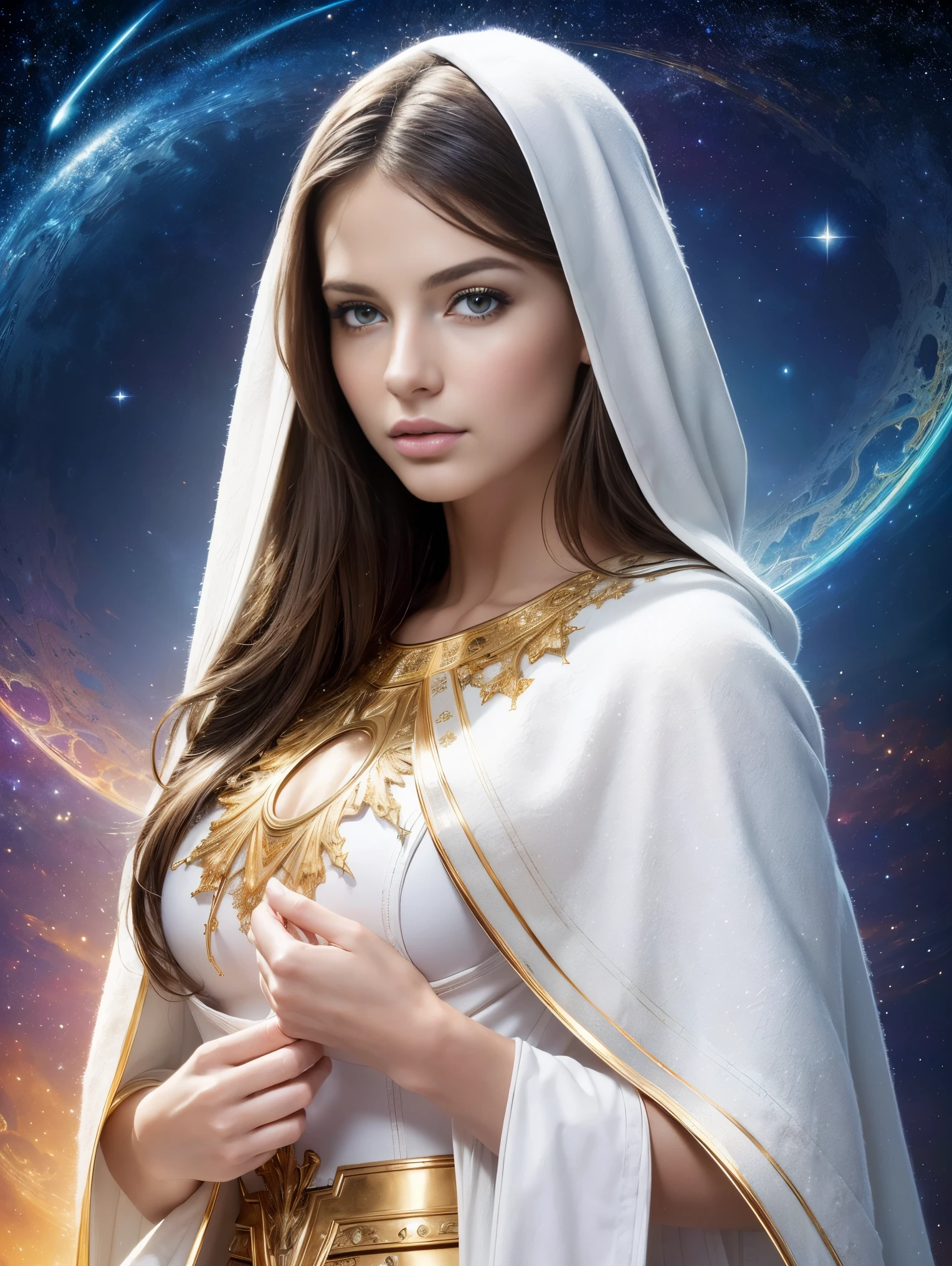 (Masterpiece, Top Quality, Best Quality, Official Art, Beauty and Aesthetics: 1.2), (1 ultra hot gorgeous European woman, age 23), Extreme Detail, (Fractal Art: 1.3), Colorful, Supreme Detail, Perfect Face, Upper Body, HDR, Prayer, (White Cloak Golden Lines: 1.2), Starry Sky, Shooting Star, Light Stripes, Surrealism.