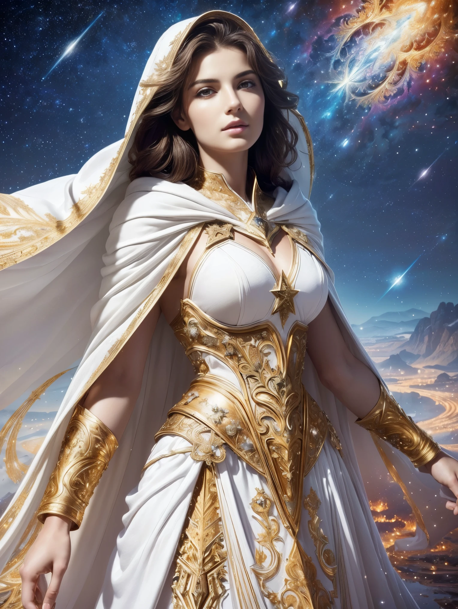 (Masterpiece, Top Quality, Best Quality, Official Art, Beauty and Aesthetics: 1.2), (1 ultra hot gorgeous European woman, age 23), Extreme Detail, (Fractal Art: 1.3), Colorful, Supreme Detail, Perfect Face, Upper Body, HDR, Prayer, (White Cloak Golden Lines: 1.2), Starry Sky, Shooting Star, Light Stripes, Surrealism.