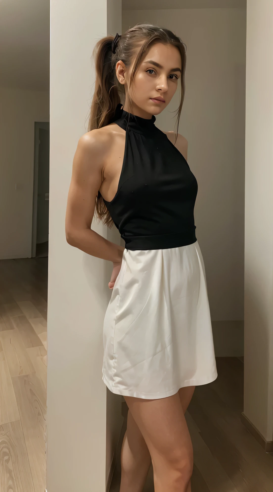 portrait photography. high quality. detailed photo. beautiful girl looking at the camera. stands upright and looks at the camera. hair pulled back into a ponytail. девушка stands upright and looks at the camera. in a black dress. стройная девушка in a black dress, stands upright and looks at the camera.