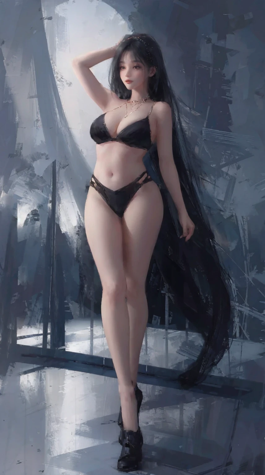 1 girl, alone,[:(gradient background:1.5):40],whole body,big breasts,Dalcefo Painting,Ridiculously long hair,Neon lights,