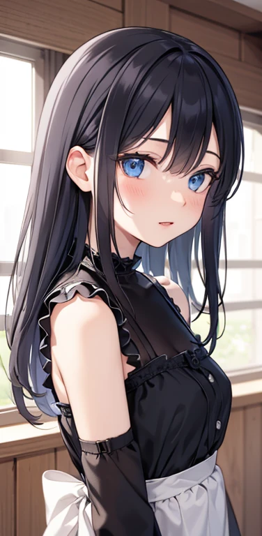 (8K、highest quality、masterpiece:1.2)、Super detailed、super resolution、Realistic、1girl、two-color hair, black and white、blue eyes、(eye focus:1.3,face focus:1.3,upper body:1.5),(gradient eyes:1.3),(blouse,No sleeve:1.3)、(clear face:1.3),cute face,portrait,
