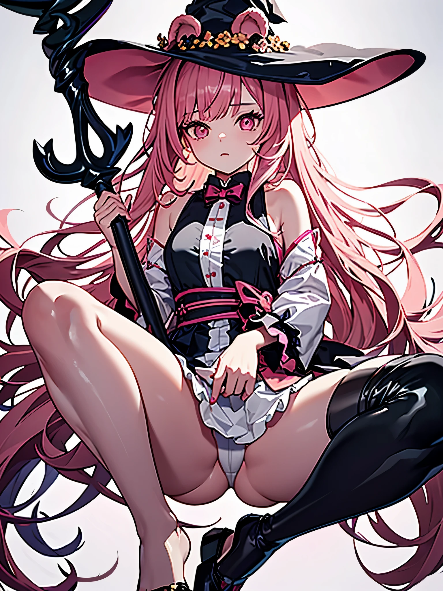 1girl, , witch, a bear, long hair, pink hair, short, with a staff, full body shot, white background, from below, floating, sitting, with animal ears