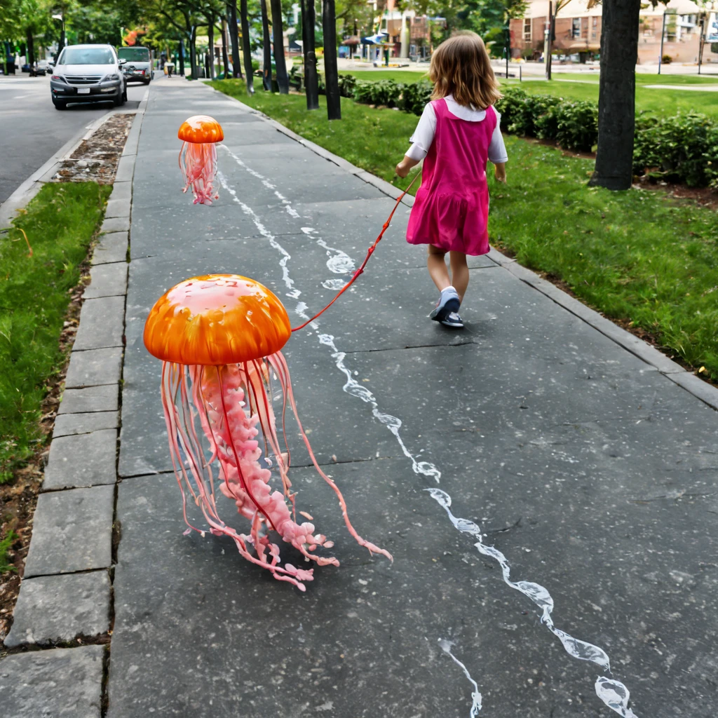 (8k, Best Quality, Masterpiece: 1.2), (Realistic, Photorealistic: 1.37), Super Detailed,  With jellyfish on the walk. A school-aged girl leads a jellyfish on a leash. Street, lawns, trees, blocks, sidewalk. colorful, vivid colors. 