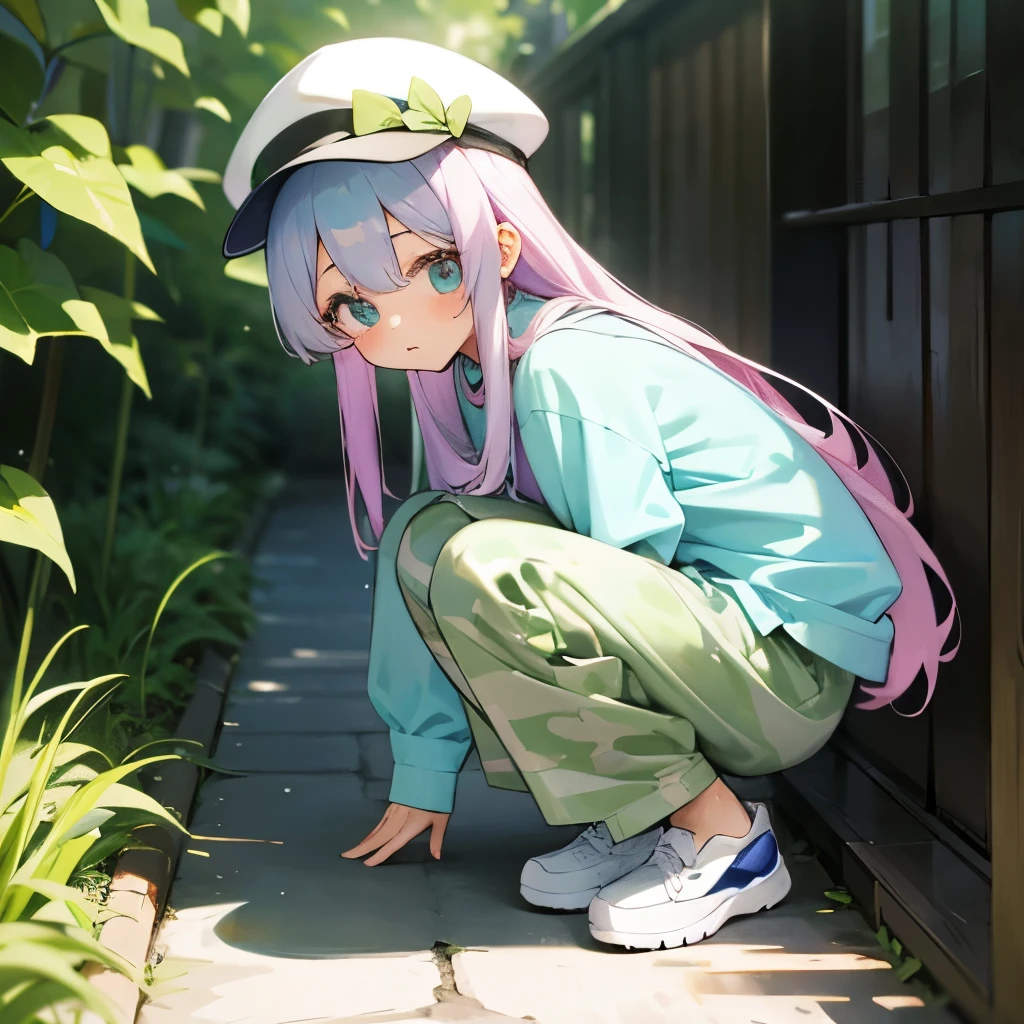 pastel colour美女、camouflage long sleeve、camouflage long pants、black sneakers、pastel colour、pastel colourの髪の毛、pastel colourの迷路、Camouflage hat、
eyes wide open、Have fun、pastel colourの迷宮を歩いてる、pastel colourの植物、Wandering through the labyrinth、pastel colourの壁、lost