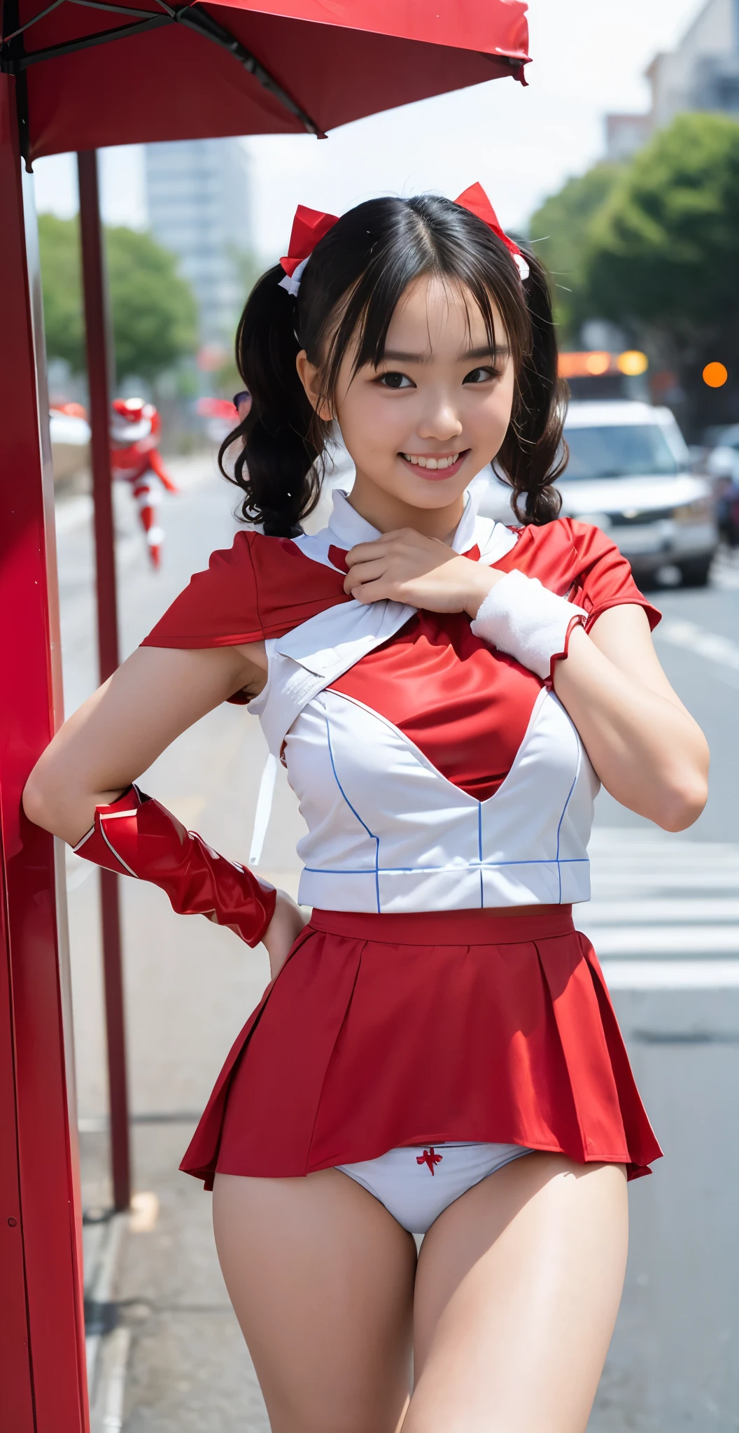 (8k、Raw photography、highest quality、masterpiece:1.2),(black haired、curly twintails:1.6),show viewer,Looking at the front,erotic,white skin,(She is wearing the costume of the beautiful warrior Red Ranger.:1.8)、(Clothing that emphasizes the shape of your chest:1.4)、(big breasts:1.2)、slim body shape、ultra high resolution,beautiful,beautiful fece,(alone, alone、no background:1.9),whole bodyボディー,japanese woman,(Photoreal:1.37)、photon mapping,reality、(-faced and cute: 1.6)、(cute smile: 1.7)、(With a round face: 1.8)、radio city、Physically based rendering、depth of field rally background、photograph, (I can see your knees,close up of thighs、too short skirt、She spreads her legs and shows her white panties.:1.5),whole body、super fine