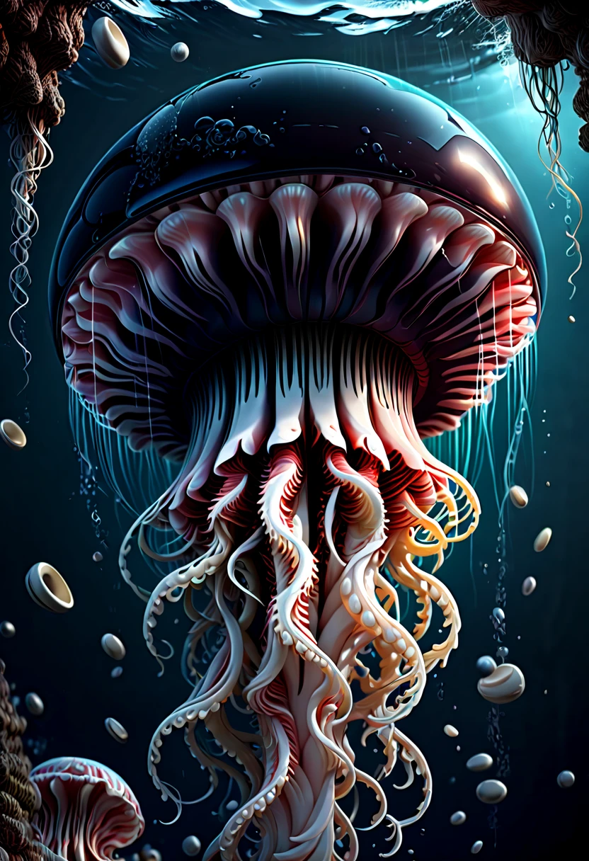 Jellyfish, Capture the ethereal dance of light and shadow in a stunning monochromatic photograph with selective color details, revealing the hidden poetry of Bioluminescence, undersea, (realistic, photorealistic, RAWphoto:1.2), octane render, (best quality, masterpiece, Representative work, official art, Professional, Ultra intricate detailed, 8k:1.3)