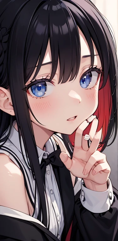 (8K、highest quality、masterpiece:1.2)、Super detailed、super resolution、Realistic、1girl、(two-color hair, black and white:1.5)、blue eyes、(eye focus:1.3,face focus:1.3,upper body:1.5),(gradient eyes:1.3),(blouse,No sleeve:1.3)、(clear face:1.3),cute face,portrait,
