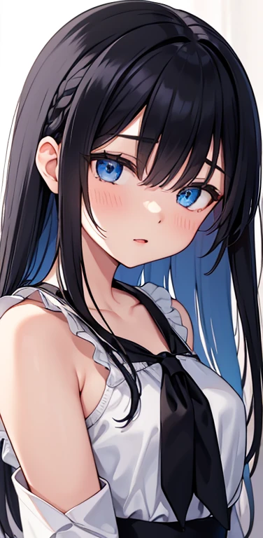 (8K、highest quality、masterpiece:1.2)、Super detailed、super resolution、Realistic、1girl、(two-color hair, black and white:1.5)、blue eyes、(eye focus:1.3,face focus:1.3,upper body:1.5),(gradient eyes:1.3),(blouse,No sleeve:1.3)、(clear face:1.3),cute face,portrait,
