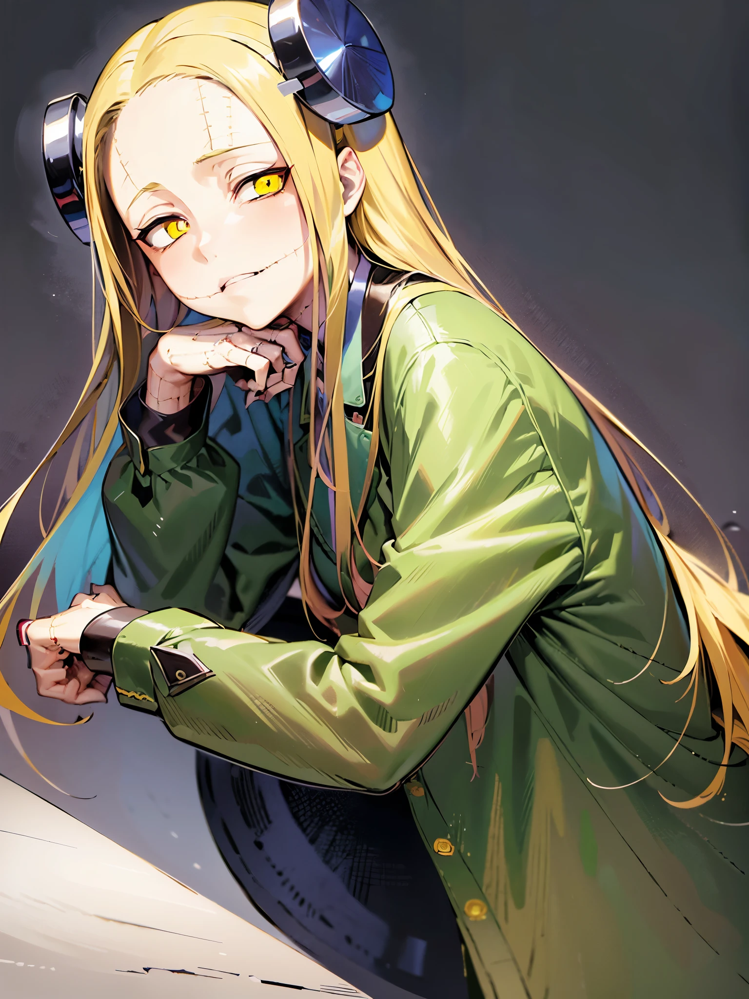 Madaraki_Fran,Young woman ,costs,preoccupied,Crazy ,a surgeon ,Holds out his hands,worries about the patient, long hair , yellow hair,Seams , Scars on the body , Creepy look , scary eyes , Intimidating look , Creepy smile , bags under the eyes, ((((tired)))), background
