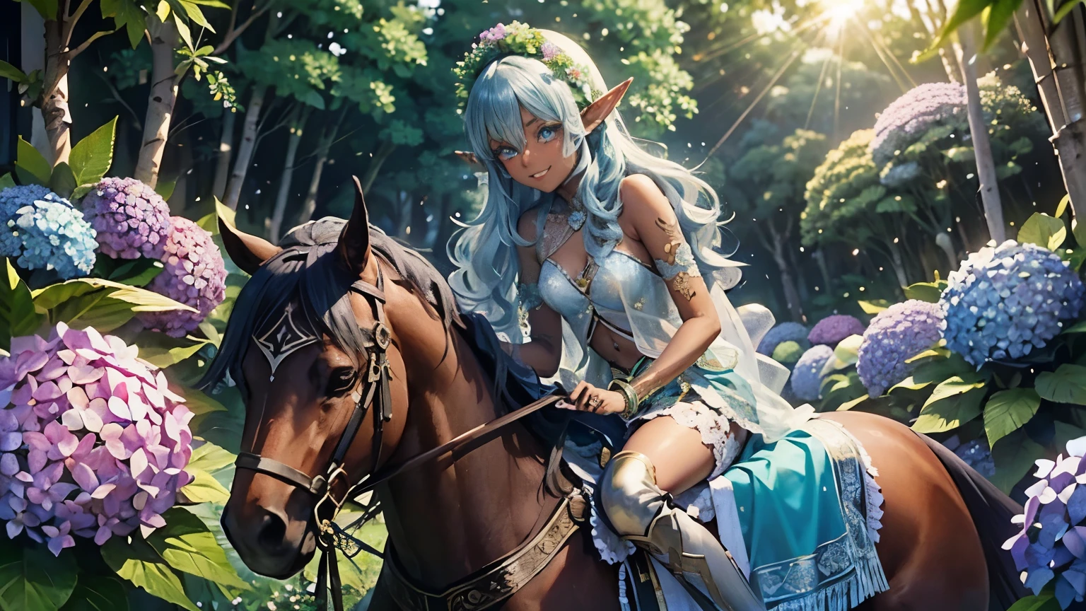 ((tall and lithe ((dark-skinned Caribbean Elf Knight)) (very small breasted) beautiful with magical henna tattoos on arms and chest)), ((pastel babyblue wavy hair)), big and transparent tulle, (wearing ornate jeweled golden bracelets and short leather riding boots), sexy and seductive, great beauty, delicate and beautiful face, full body portrait, (big eyes with long eyelashes and glittery eyeshadow and big round nose), absolutely beautiful face, cute embarrassed smile, riding horseback while basking in the sunshine of life, ((sunrise shining above hydrangea and cannabis flowers and cannabis tree forest)),