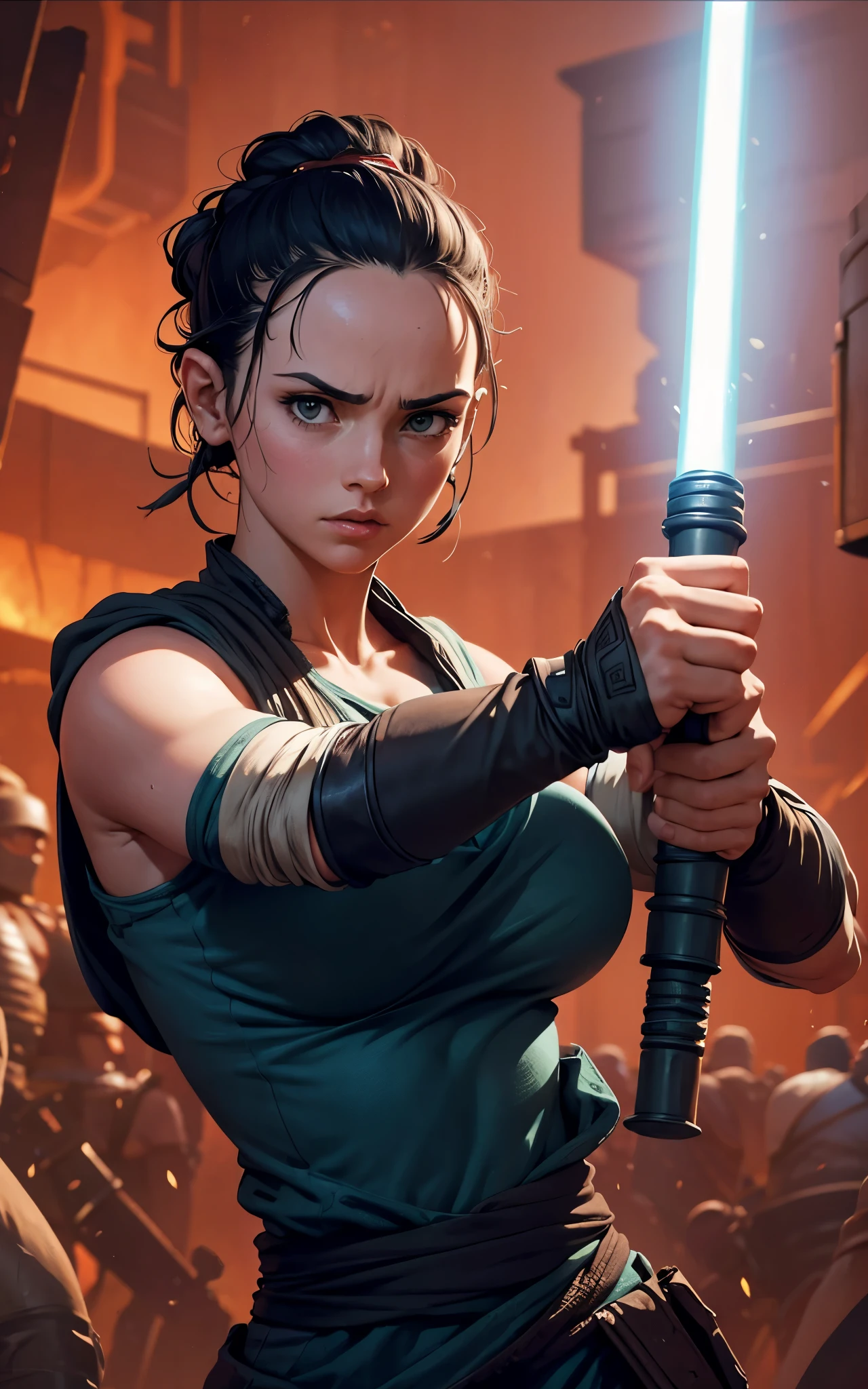 Daisy Ridley face, masterpiece 1.3, Ultrarealistic face, slim athletic physique, small flat breasts, round ass, "Rey Palpatine stands with her arms outstretched, channeling the Force to lift a massive boulder, her face showing both strain and determination, as blue energy crackles around her."