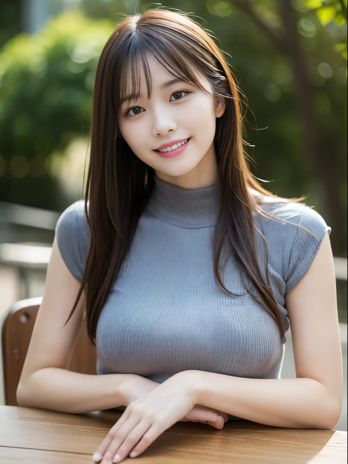 table top, highest quality, Photoreal, finely, High resolution, 8k wallpaper, perfect dynamic composition, detailed and beautiful eyes, medium straight hair, random sexy poses,random situation、light black tight knit shirt、(Beautiful breast bulge 1.3)、big smile、Blurred feeling、nature、25 years old、(droopy eyes 1.3)、adult beauty、Japanese