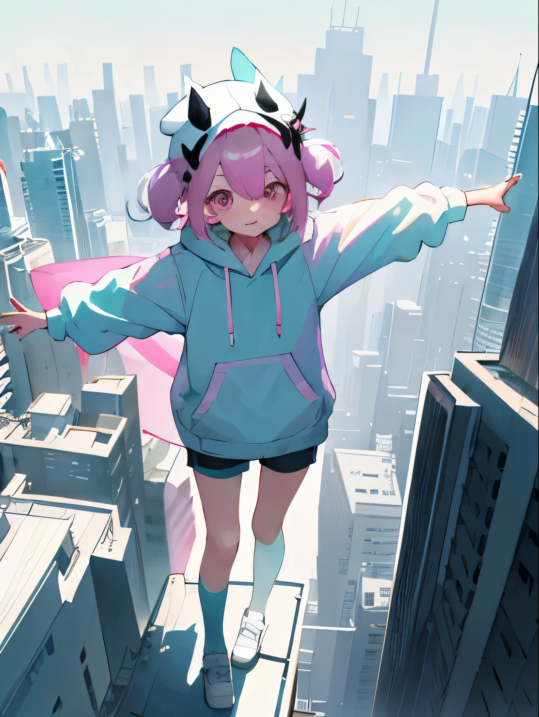 Dark pastel colors美少女、dark pastel background、shorts,pastel colored knee high socks, Oversized white hoodie in pastel colors、stick out tongue、Looking down from the roof of a dark-colored skyscraper、open your arms、stunning pose、Dark pastel colors