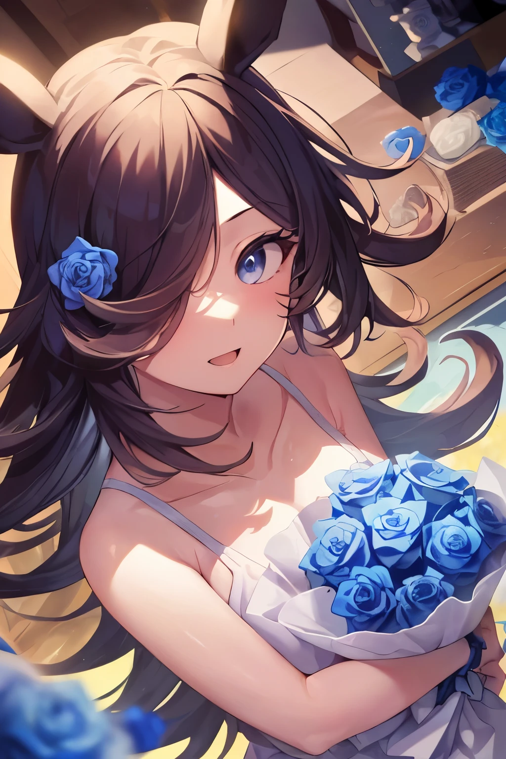 (table top.highest quality).(dynamic angle). (CG painting with very impressive details),(perfect image)、comic strip.figure.1 girl.detailed face、perfect face.delicate face、girl in delicate clothes、rough skin、black hair.length、(Umamimi girl)Umamimi girl、((beautiful blue eyes)).delicate and beautiful eyes、detailed eyes、reflected eyes、Watery eye、smile.(Holding a bouquet of blue roses:1.3).(Blue petals flutter:0.8)、8k wallpaper、cowboy shot、reflected light、most detailed、Complex、delicate background、rough skin、fine skin、(super resolution)、
