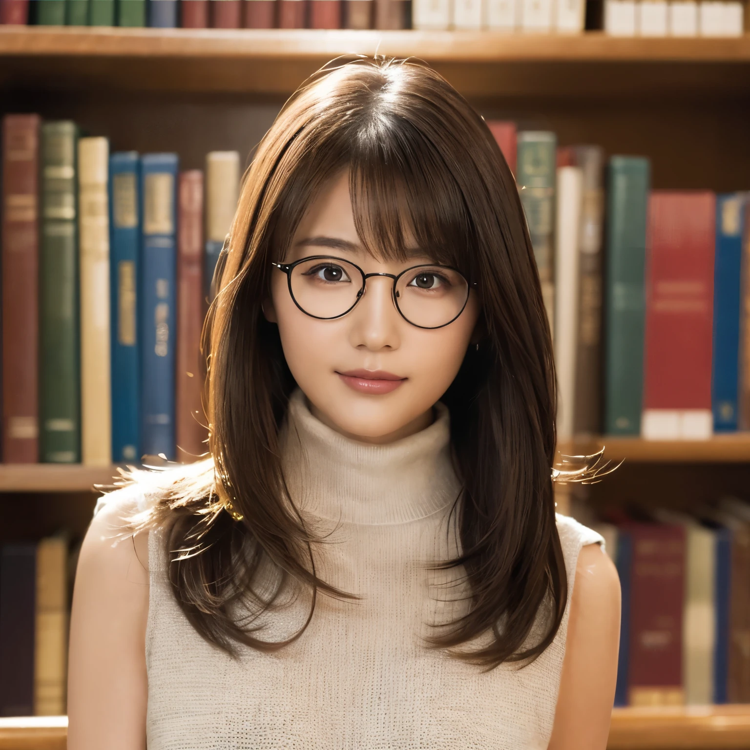 (highest quality、table top、8k、best image quality、Award-winning work)、one beautiful woman、25 years old、alone、perfect beautiful composition、perfect fit、(close up of face:1.3)、(emphasize body line:1.1)、(Perfect Turtleneck Sleeveless Knit Sweater:1.2)、(Perfect and precise turtleneck sleeveless knit sweater:1.1)、Tight mini skirt made of elegant melton fabric、(Perfect round elegant round glasses:1.2)、slender body、elegant medium hair、smile looking at me、(strongly blurred library background:1.1)、standing gracefully in the library、perfect and accurate bookshelf、The most natural and perfect library interior、natural makeup、Ultra high definition beauty face、ultra high definition hair、Super high-definition sparkling eyes、(Shining ultra-high definition beautiful skin:1.1)、Super high resolution glossy lips、accurate anatomy、ultra high definition hair、(closed lips:1.1)