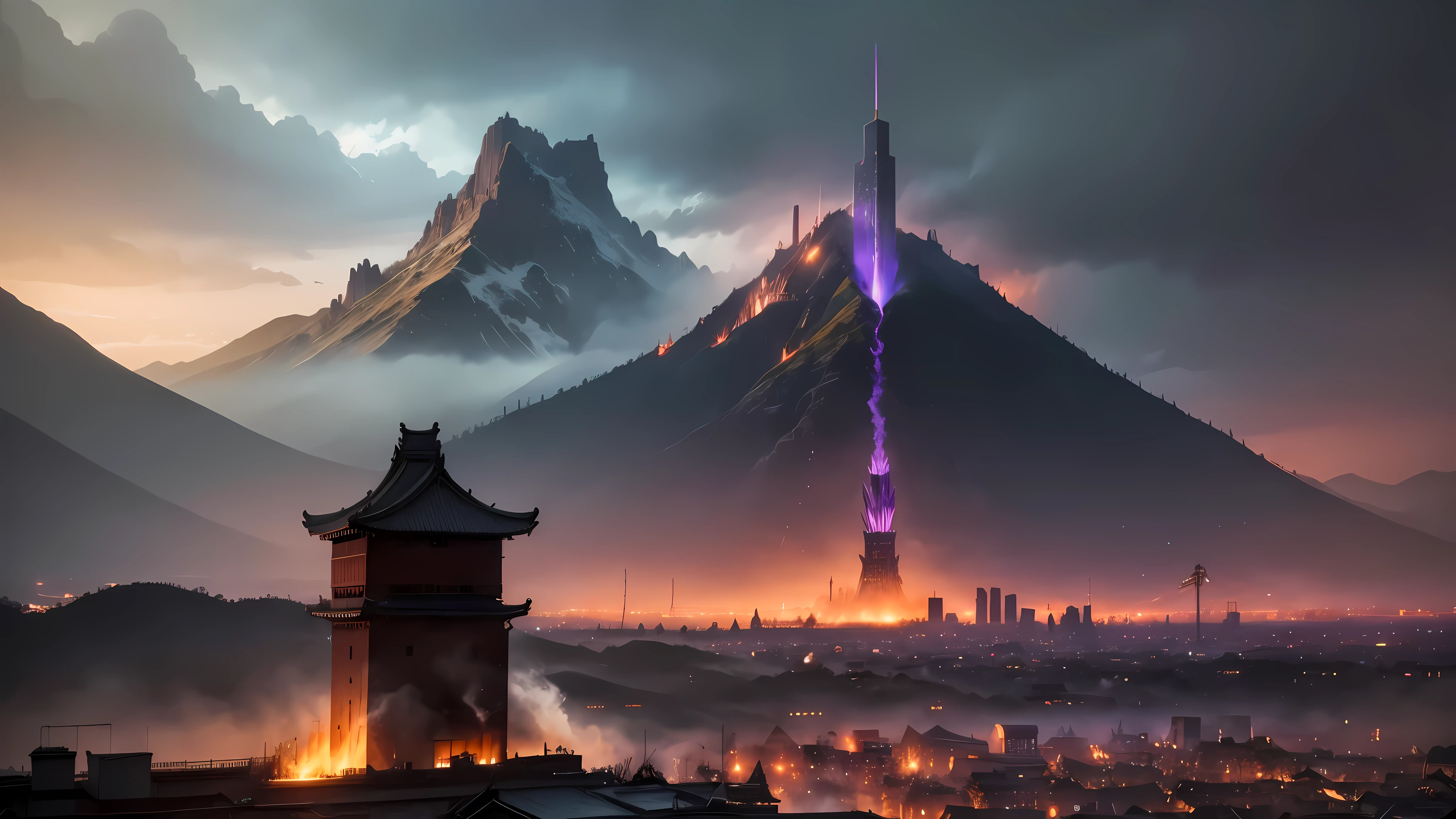 In this cinematic shogun-style town, an eerie glow of purple flames bathes everything in a surreal light. The evening sky is nearly ruined, with the last traces of sunlight casting long shadows across the town. Smoke and dust fill the air, creating an atmosphere of desolation and chaos.
The view is from a slightly lower angle, capturing the somber grandeur of the stone and iron buildings with tiled roofs. The flames flicker ominously, dancing against the darkened silhouettes of the structures. Despite the destruction, a few structures still stand tall, showcasing the resilience of the once-majestic town.
The rain has started again, adding a dynamic element to the scene as droplets fall, shimmering in the purple glow. The reflection of the flames in the wet surfaces of the town creates an otherworldly ambiance. The rain also contributes to the haze in the air, blurring the edges of the distant mountains and the imposing television tower.
The setting sun, obscured by the tumultuous clouds, sends a faint ray piercing through the smoke. This single beam of light highlights the tallest building in town, emphasizing its stature and the destruction that surrounds it. The mountains in the backdrop provide a stark contrast to the chaos in the foreground, creating a sense of isolation and struggle.
This scene captures the essence of a once-thriving shogun-style town now engulfed in a surreal combination of fire, rain, and decay, creating a hauntingly beautiful yet tragic image.