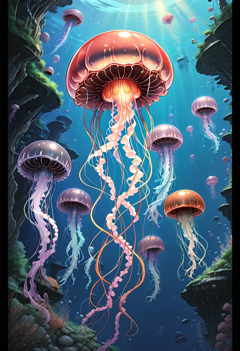 Jellyfish, Studio Ghibli Style, Ghibli color, Miyazaki Hayao style, (best quality, masterpiece, Representative work, official art, Professional, Ultra intricate detailed, 8k:1.3)