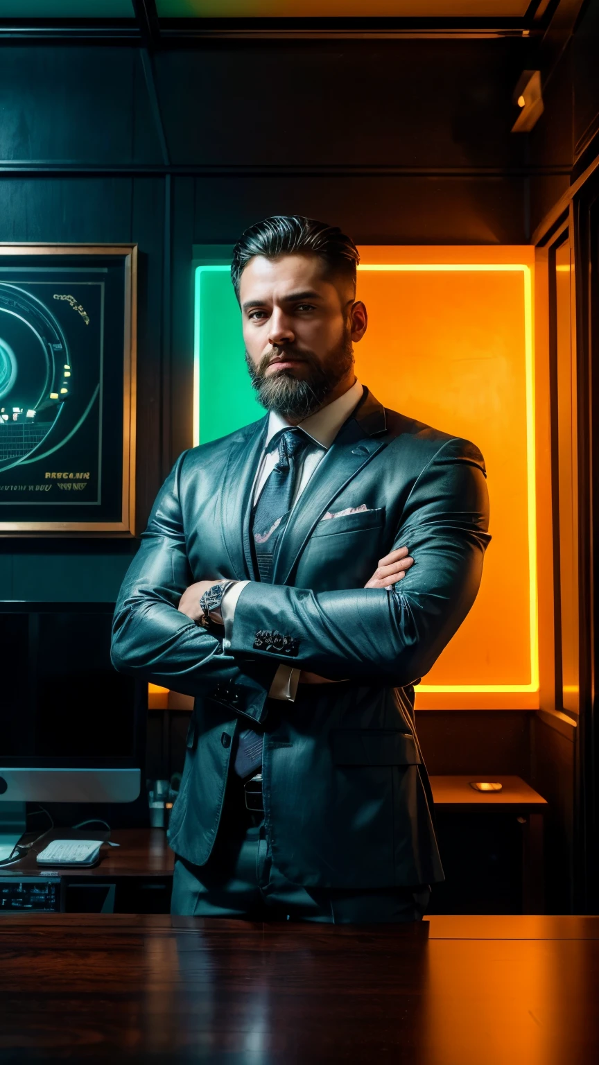 (best quality,4k,8k,highres,masterpiece:1.2),ultra-detailed,(realistic,photorealistic,photo-realistic:1.37),man in his 30s,crypto currency enthusiast,crypto mining expert,American man with white appearance,sharp facial features,charismatic expression,piercing blue eyes,detailed beard and mustache,attentively looking at the camera,bespoke suit with a neatly tied tie,engrossed in his work,high-tech computer setup with multiple monitors,advanced mining equipment,stacks of golden Bitcoins symbolizing wealth and success,vibrant green binary code streaming around him,modern office with sleek furniture and glass walls,up-to-date trending news about cryptocurrencies displayed on screens,wall decorated with inspirational quotes about blockchain technology,glowing neon sign saying "Crypto Master" hanging above his desk,Renaissance-style oil painting in the background highlighting his passion for art and culture,vivid colors to enhance the overall visual impact of the image,subtle warm color tone to create a welcoming and inviting atmosphere,natural daylight streaming through the windows,casting a soft glow on the scene.