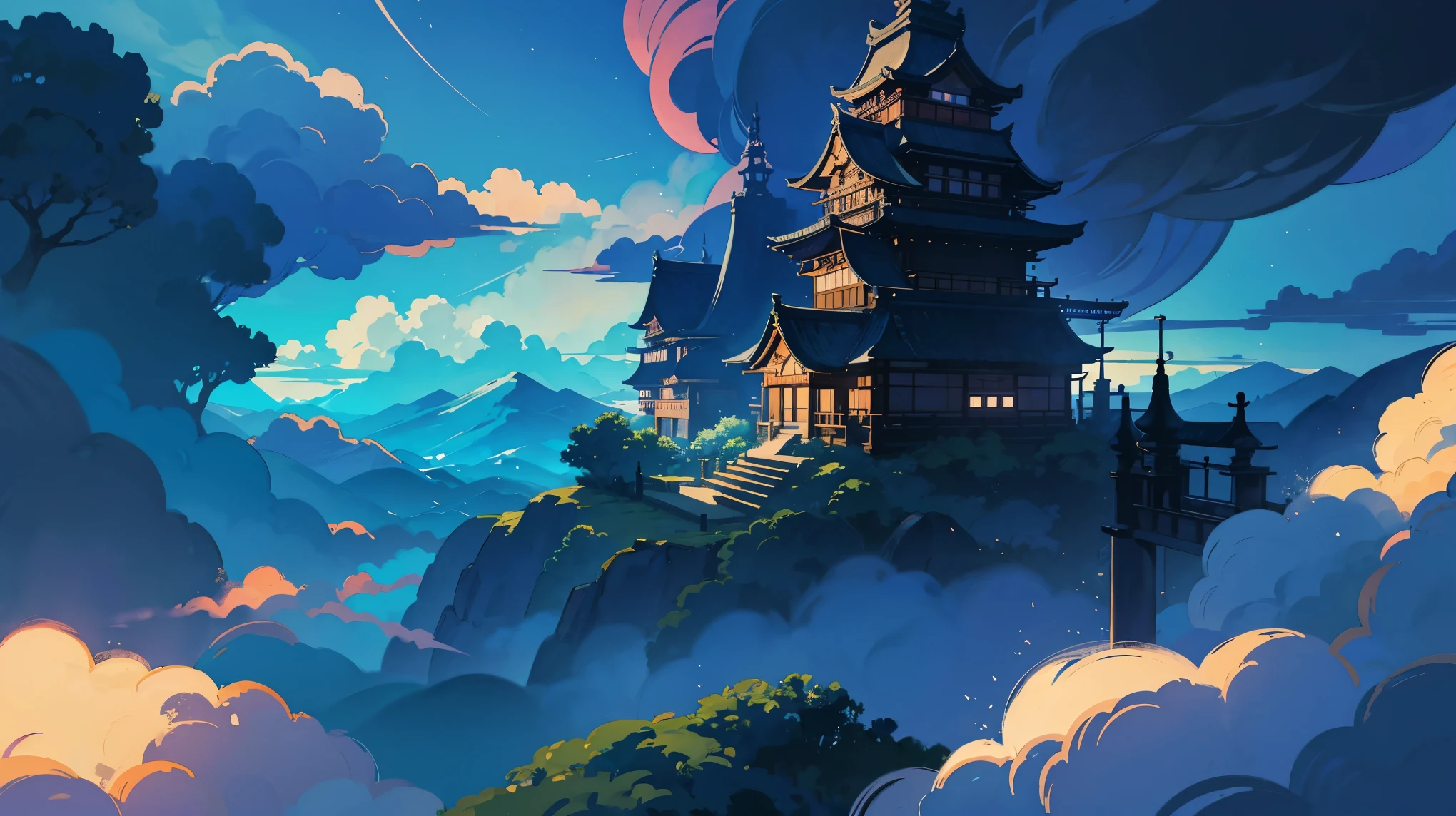 Blue Studio Ghibli Wallpaper, Ghibli Inspired Atmosphere Night Ambiance, Fantasy, Japanese Sky