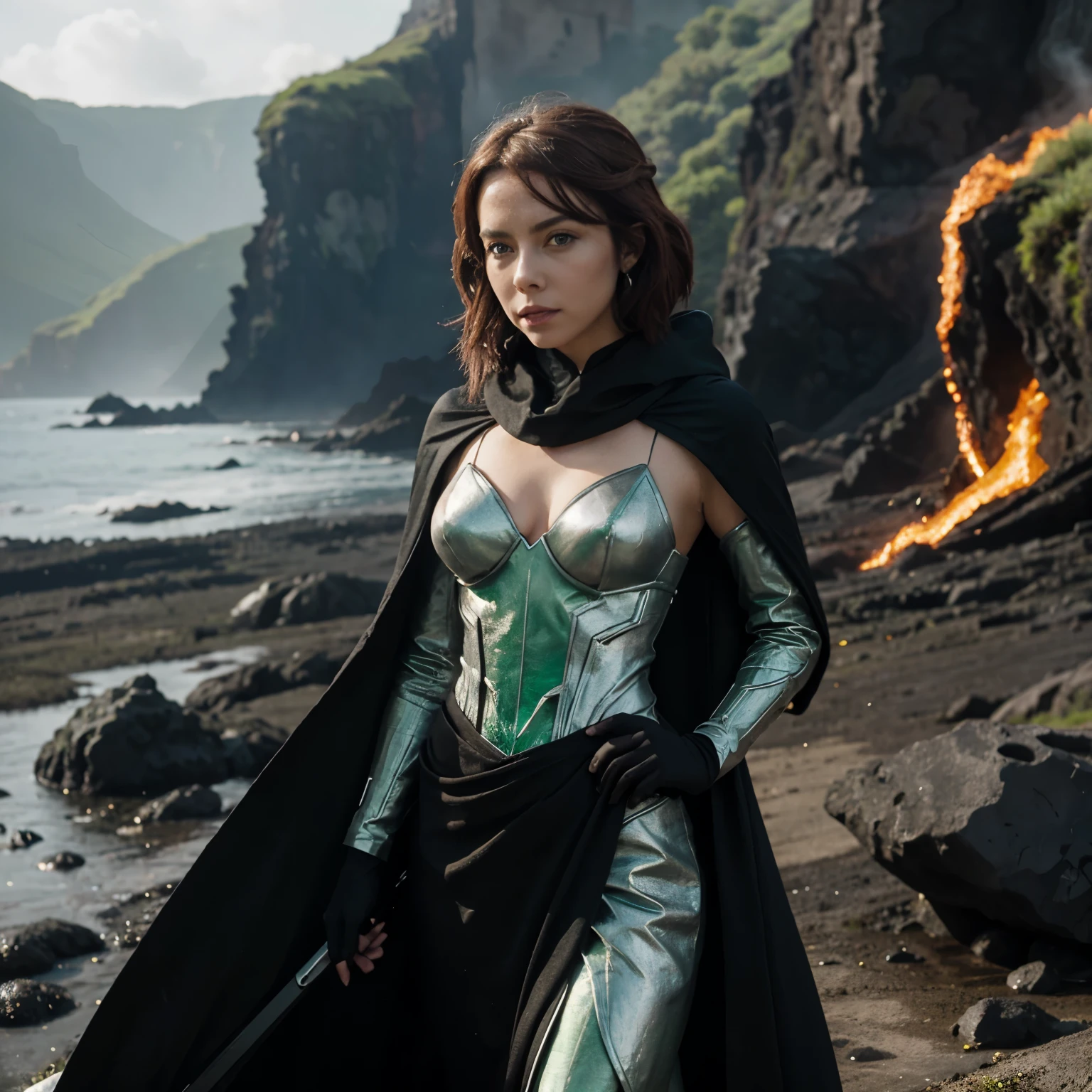 Pyra, A Lady in Black Cloak with Green and Silver Accents representing the Power of Lava, Earth and Air