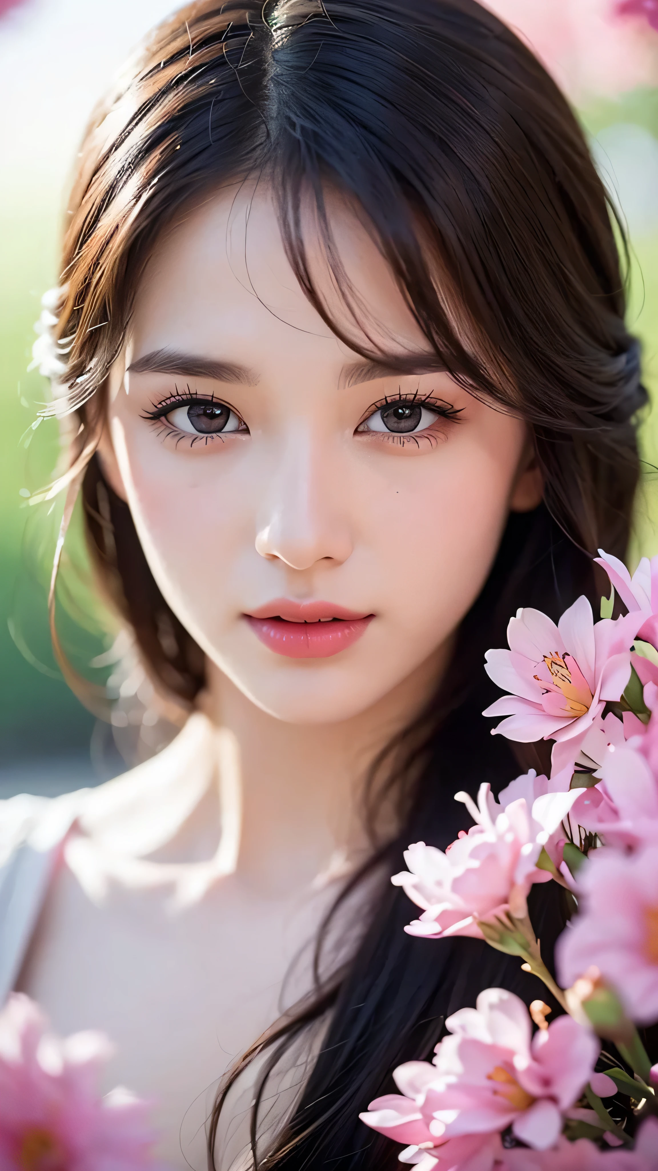 (melhor qualidade, ultra-detalhado, fotorrealista), 1 mulher, 20 anos mostrando vagina, olhos detalhados, Detailed lips, Long eyelashes, Cara bonita, confident expression, flores coloridas ao fundo, soft lighting, oil painting, cores vivas, bokeh