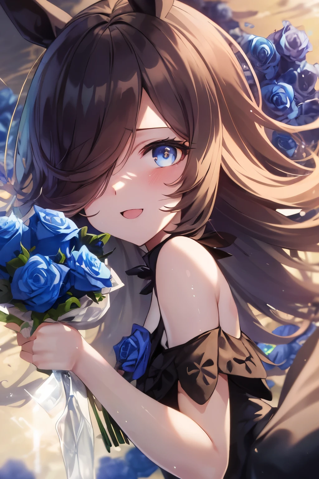 (table top.highest quality).(dynamic angle). (CG painting with very impressive details),(perfect image)、comic strip.figure.1 girl.detailed face、perfect face.delicate face、girl in delicate clothes、rough skin、black hair.length、(Umamimi girl)Umamimi girl、((beautiful blue eyes)).delicate and beautiful eyes、detailed eyes、reflected eyes、Watery eye、smile.(Holding a bouquet of blue roses:1.3).(Blue petals flutter:0.8)、8k wallpaper、cowboy shot、reflected light、most detailed、Complex、delicate background、rough skin、fine skin、(super resolution)、