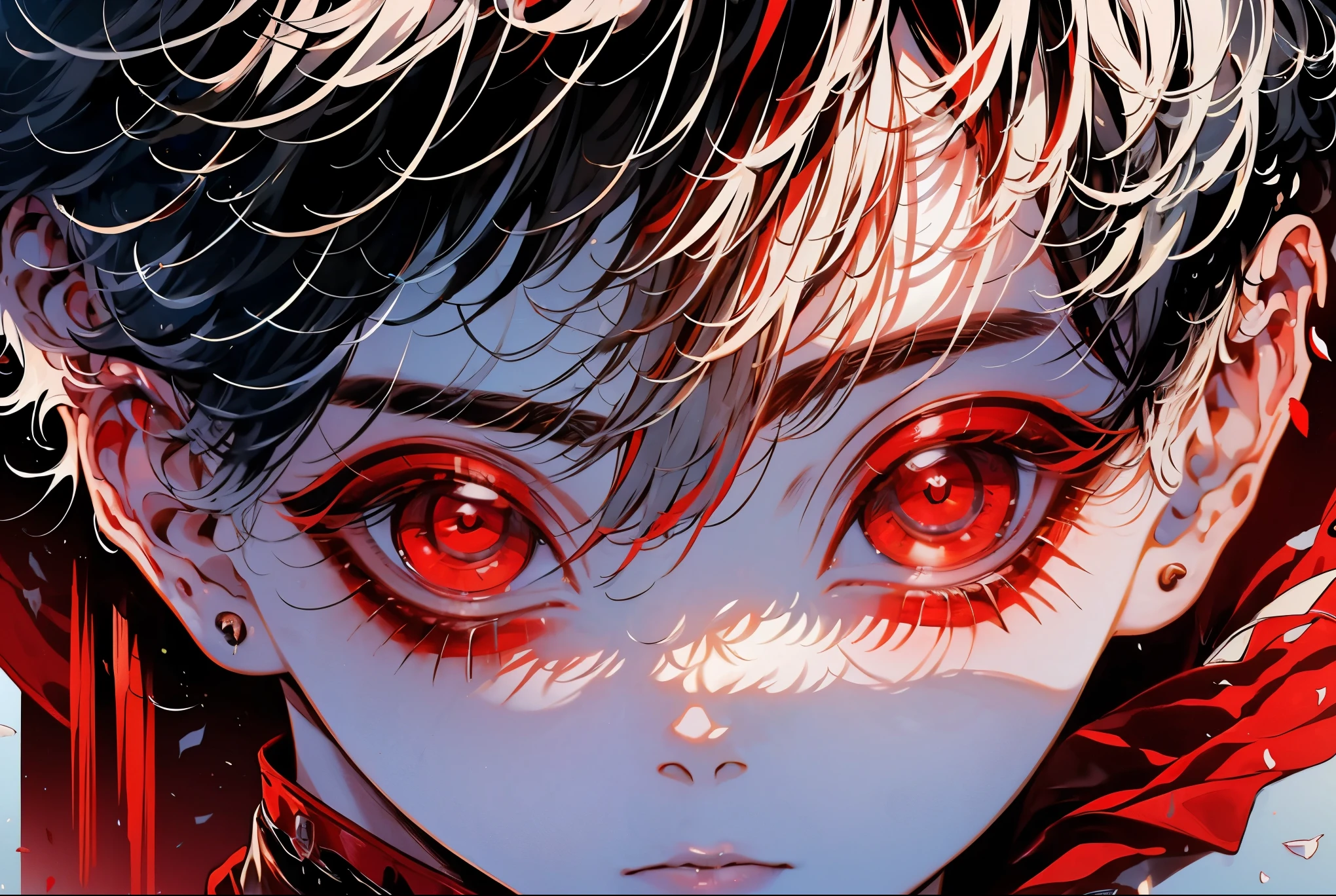 (masutepiece), (Best Quality), Highly detailed, 1 boy, Solo Focus, Perfect face, Beautiful face, extra detailed face,(white hair:1.3),(red eyes glowing:1.4),(White eyelashes:1.4)