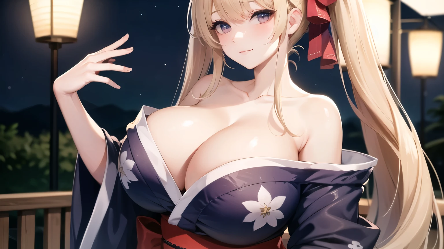 (((masterpiece, best quality))), (((superior quality))), cute girl, ((extremely detailed girl)), ((huge breasts)), (yukata), (bare shoulders), strapless top, slight smile, twin tail blonde