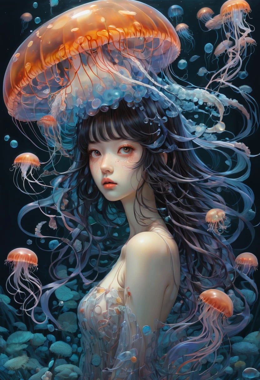 a detailed anime fantasy scene, three massive tentacles wrapped tightly around a helpless young woman, plunging downward into a dark and mysterious underwater environment, vibrant colors, highly detailed rendering, intricate textures, dramatic lighting and shadows, cinematic composition, striking atmospheric elements, masterful blend of realism and stylization, (best quality,4k,8k,highres,masterpiece:1.2),ultra-detailed,(realistic,photorealistic,photo-realistic:1.37),detailed anime girl, beautiful detailed eyes, beautiful detailed lips, extremely detailed face and features, long eyelashes, intricate folds and wrinkles in clothing, fluid movement of tentacles, swirling water and bubbles, deep blue-green hues, moody dramatic lighting, cinematic depth of field, surreal and fantastical atmosphere