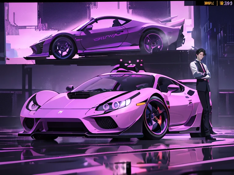 purple car with a man standing on top of it in front of a building, initial d anime screenshot, 9 0 s anime aesthetic, art deco outrun anime aesthestic, initial d anime, initial d anime 1 0 8 0 p, initial d, lofi artstyle, anime movie screenshot, anime movie scene, akira vibes, style of akira motion movie
