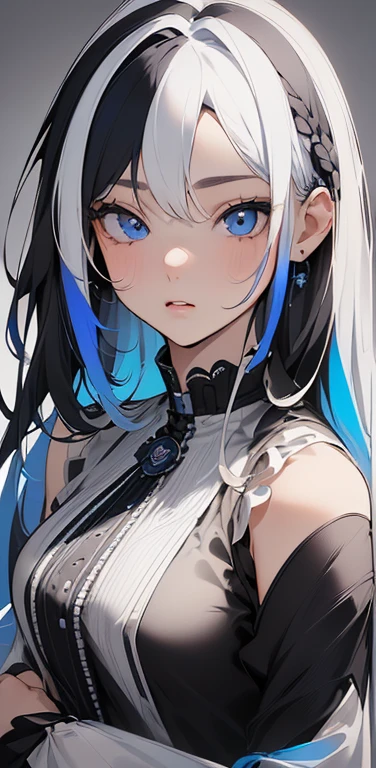 (8K、highest quality、masterpiece:1.2)、Super detailed、super resolution、Realistic、1girl、(two-color hair, black and white:1.5)、blue eyes、(eye focus:1.3,face focus:1.3,upper body:1.5),(gradient eyes:1.3),(blouse,No sleeve:1.3)、(clear face:1.3),cute face,portrait,
