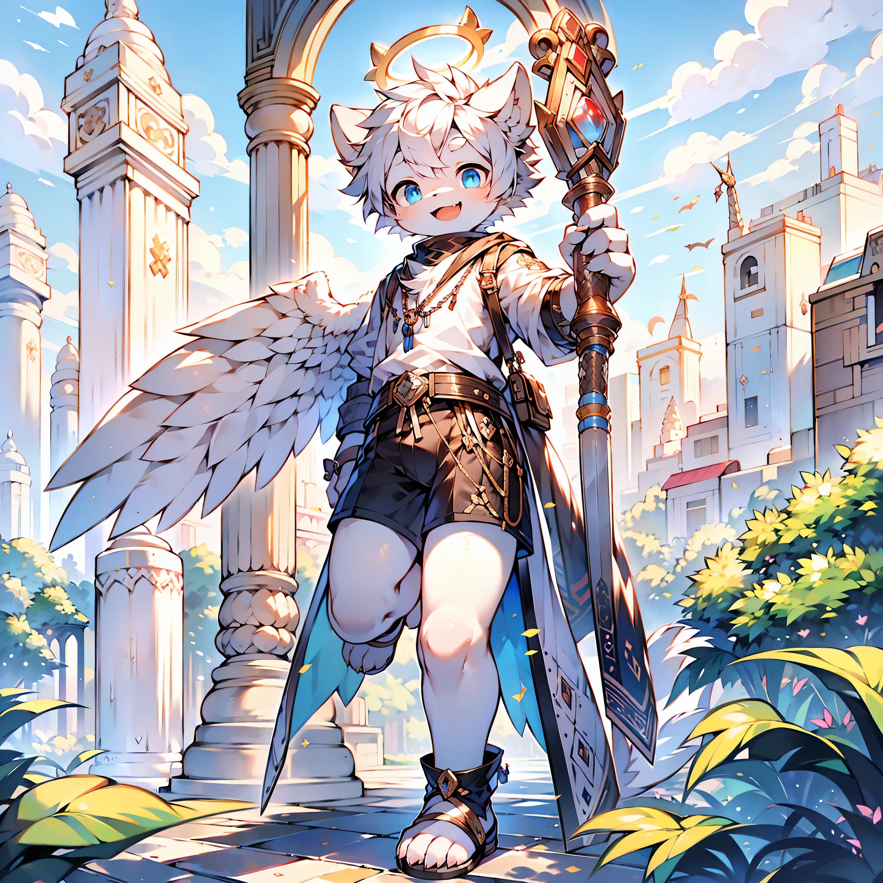 sky使, humanoid, blue eyes, white hair, clothing, cloud, sky, feathered wing, feather, flight, footwear, Weight loss, light skin, looking at the audience, male, not furry,male, one eye closed, open mouth, open Smile, sandals, Smile, alone, toe, wing, blink, halo, shorts, ultra high definition, masterpiece, precise, anatomically correct, textured skin, Ultra-detailed, best quality, high resolution, 8k