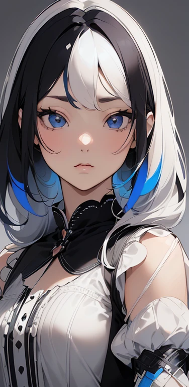 (8K、highest quality、masterpiece:1.2)、Super detailed、super resolution、Realistic、1girl、(two-color hair, black and white:1.5)、blue eyes、(eye focus:1.3,face focus:1.3,upper body:1.5),(gradient eyes:1.3),(blouse,No sleeve:1.3)、(clear face:1.3),cute face,portrait,
