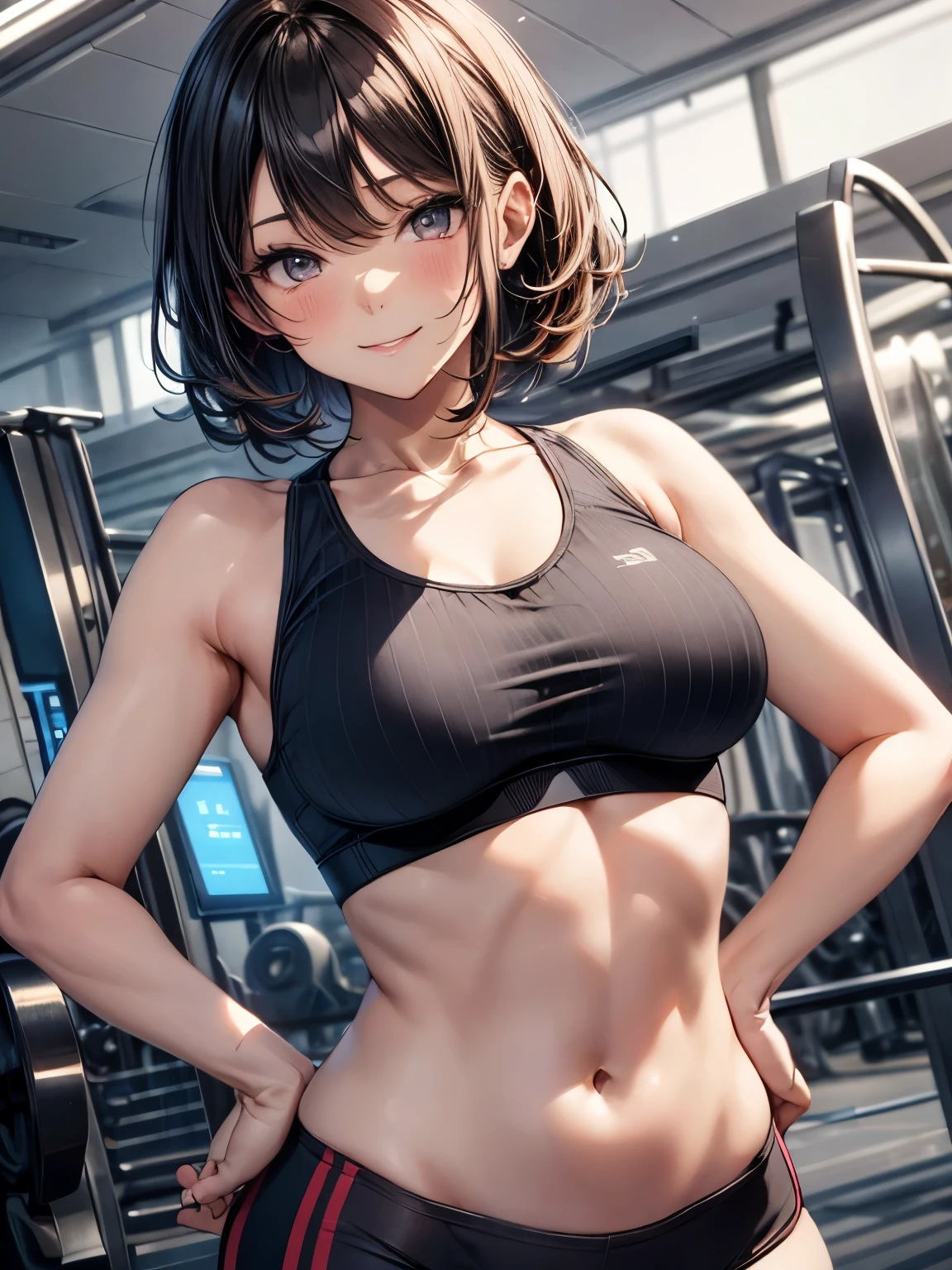 highest quality、All limbs、full finger、1 girl、((one beautiful woman、solo))、beautiful big breasts、short bob hair、brown hair、(navy blue sports bra)、Dark blue spats、sports gym、naughty pose、big smile、hands on hips