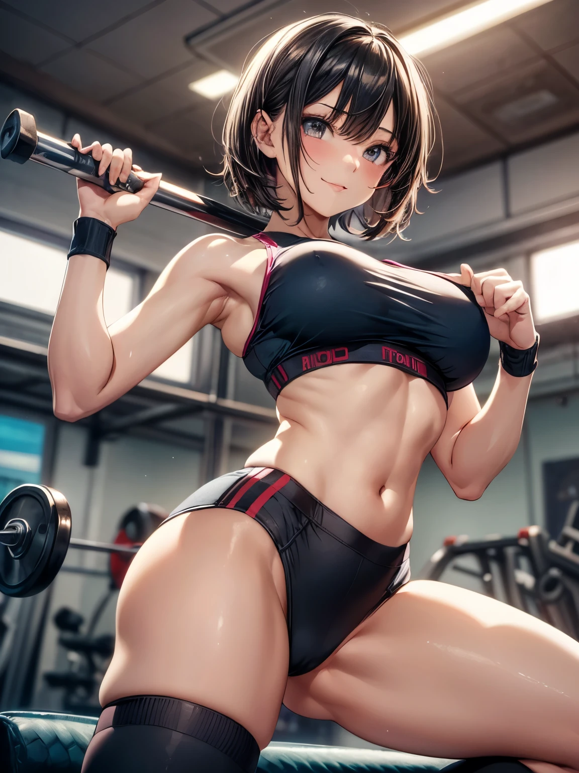 highest quality、All limbs、full finger、1 girl、((one beautiful woman、solo))、beautiful big breasts、short bob hair、brown hair、(navy blue sports bra)、Dark blue spats、sports gym、naughty pose、big smile、fighting stance