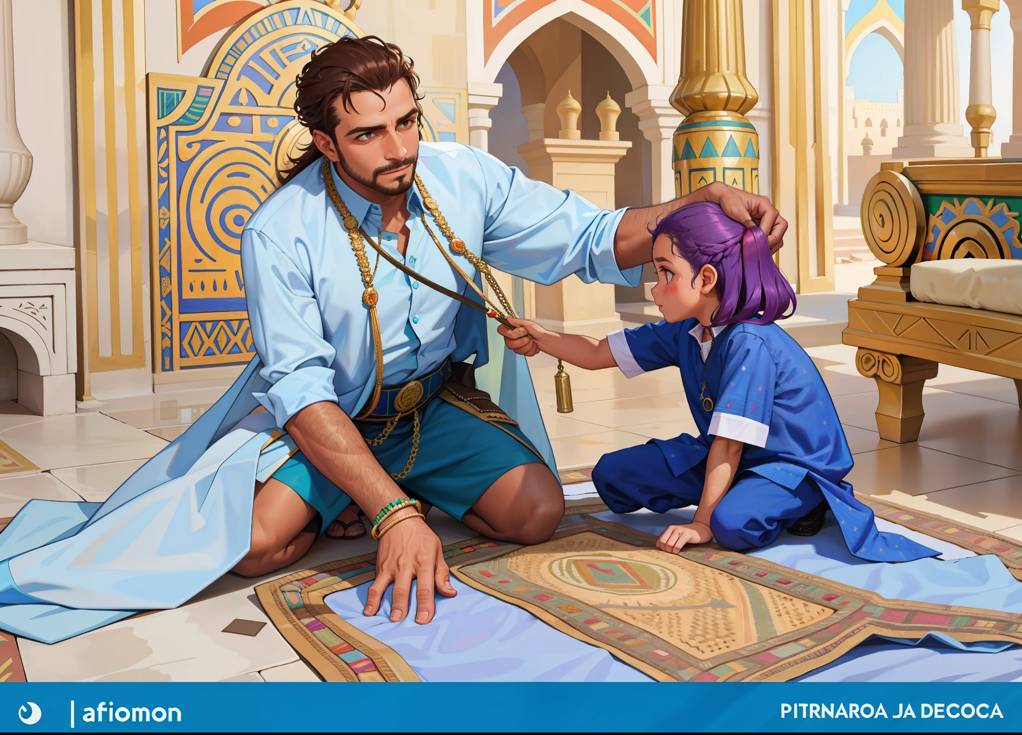 Inside the gardens of an Arab palace there is a 40-year-old man with evil eyes touching the hair of a 4-year-old boy , estan bestidos con tunicas negras y doradas de tribal antiguo egipto con cabello morado , cuando lo toca le saca la energia el alma estan en las calles del antiguo egipto pero la ciudad es lujosa