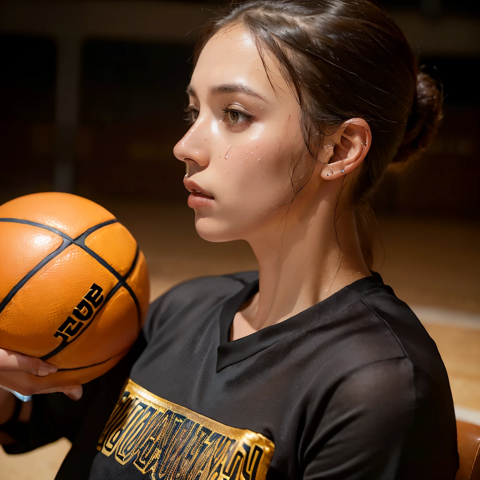 1girl wearing, (super beautiful), (beautiful face:1.2), basketball jersey with, (black and gold color:1.1), sitting on bench, (intensely focused:1.3), (sweat dripping down her forehead:1.2), basketball court, (spotlight on her:1.4), (detailed texture of jersey:1.5), (steely gaze:1.3), (at a distance:1.2), (game ball in her hands:1.1), (ready for action:1.3), (at SFW:1.1)