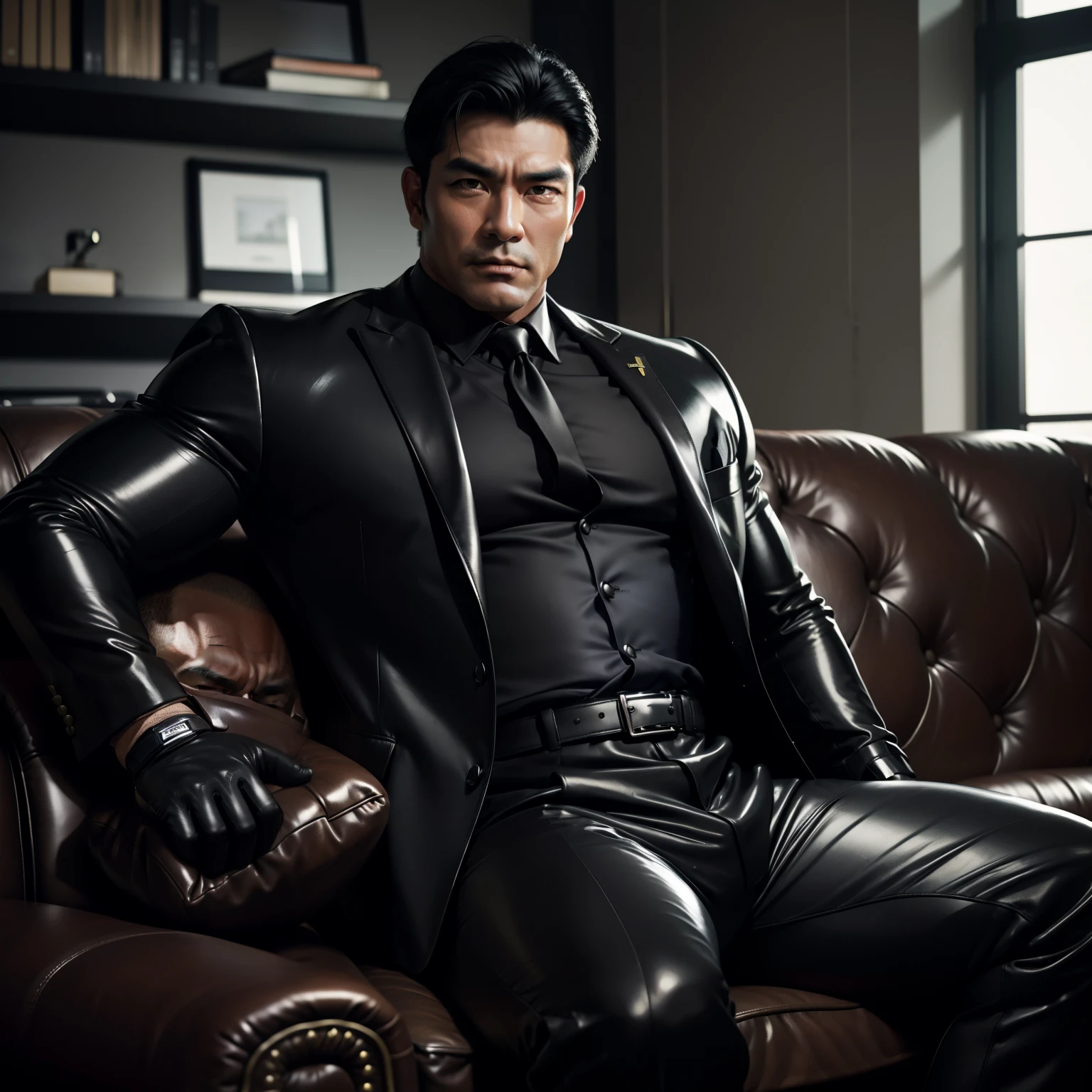 30 years old,daddy,"shiny suit ",Dad sat on sofa,k hd,in the office,"big muscle", gay ,black hair,asia face,masculine,strong man,the boss is,handsome,,leather gloves,lecherous dad,look straight ahead,dad is handsome,dad is handsome ,dad is "horny dad"