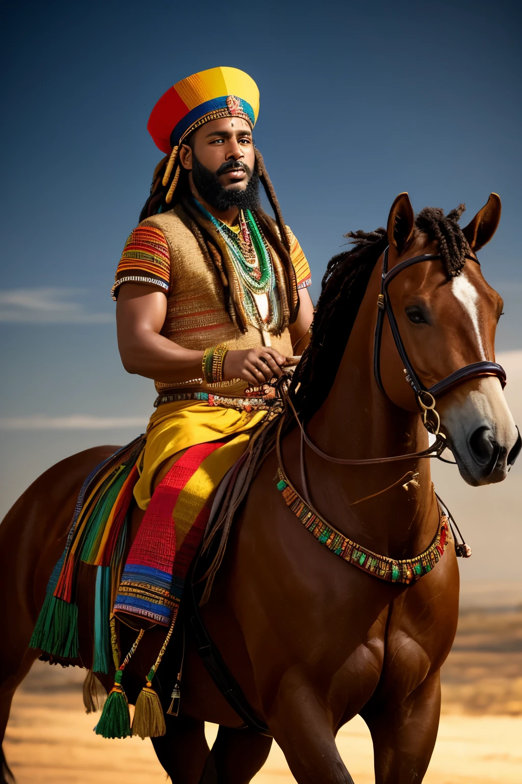 A captivating image of a Rasta man, adorned with colorful dreadlocks, atop a galloping horse with a lasso in hand. The man's deep-set, mesmerizing eyes convey a sense of calm focus, as the winds playfully dance with his beard and locks. The sun sets behind them, casting cinematic lighting that brings out the rich textures of the man's skin and the intricate details of his traditional attire. With a loose painting style, the scene comes to life through the intricate details of the horse's reins, the man's beaded necklaces, and the volumetric lighting that creates depth and dimension. This masterpiece,