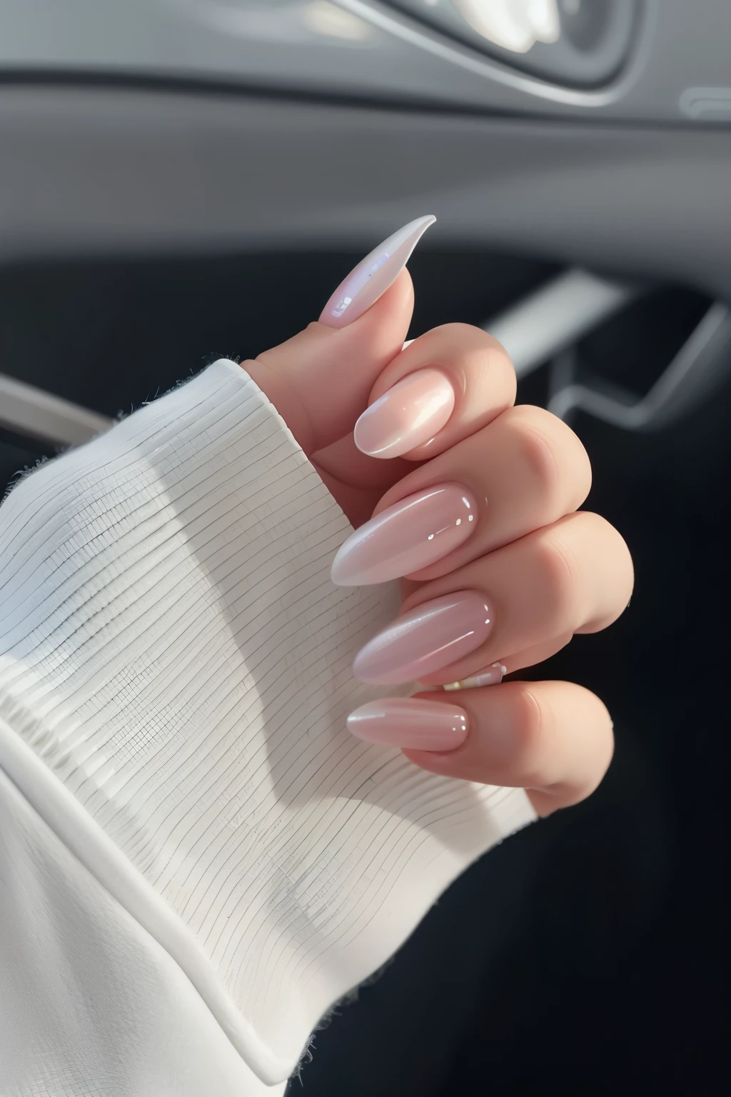 a woman&#39;s hand with a white manicure holding a pink manicure, long unhas, white metallic, branco brilhante, shining garras, long garras, shiny and metallic, perolado white, brilhante e gotejante, brilhante brilhante reflexivo, unhas, perolado, garras, iridescent mother of pearl, white perolado, painted unhas, neat unhas, perolado skin