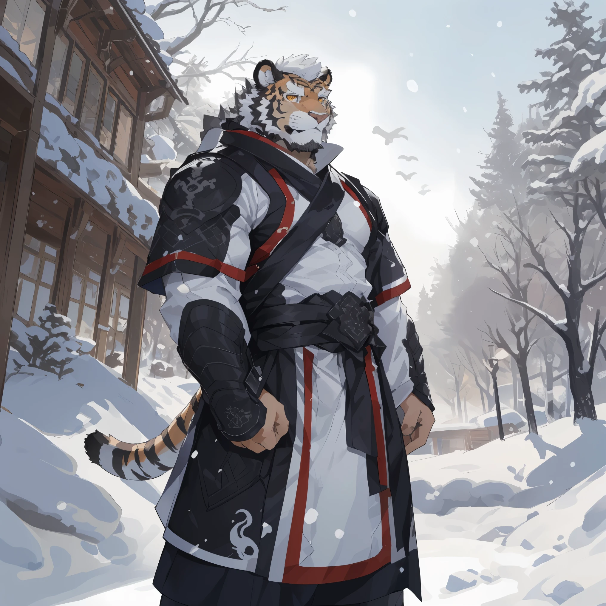 (白色皮肤tiger),(黑白阴阳general古代战袍),Armed with two swords,Powerful posture,Standing calmly,(The background is a city covered with ice and snow:1.2),abdominal muscles,heroic posture飒爽,完美的masterpiece,Various facial details,distance perspective,specific description,masterpiece,cg,(golden eyes),Black and white pattern,crimson tail,general,heroic posture,tiger,Black and white fur,Concrete facial details,Half body,(黑白阴阳general战履),(Chang Ling),((middle aged)),(face focus),(16k),HD,black and white belly,temple,beard,(Face lines),Different pupils,(Black and white yin and yang ancient war robe),(black and white hair),Strong,muscle,(high resolution:1.3),(Standing in front of the city covered with ice and snow),(Close up),(Detailed face:1.5),Perfect details,(Half body),(Detailed depiction of the face:1.5),(Zoom in on face:1.3)