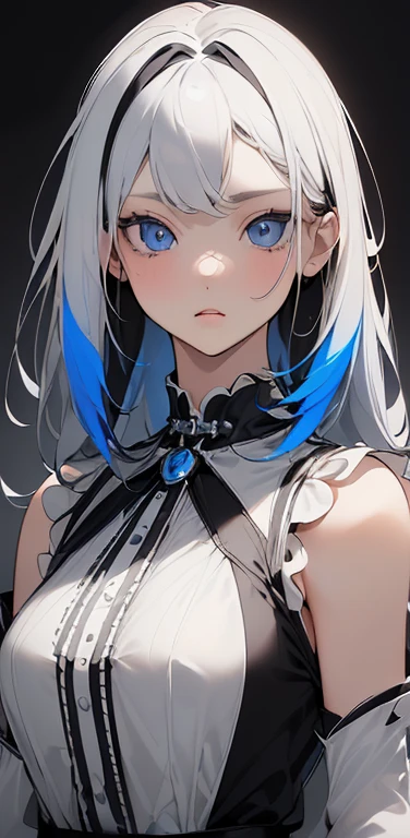 (8K、highest quality、masterpiece:1.2)、Super detailed、super resolution、Realistic、1girl、(two-color hair, black and white:1.5)、blue eyes、(eye focus:1.3,face focus:1.3,upper body:1.5),(gradient eyes:1.3),(blouse,No sleeve:1.3)、(clear face:1.3),cute face,small breasts,portrait,
