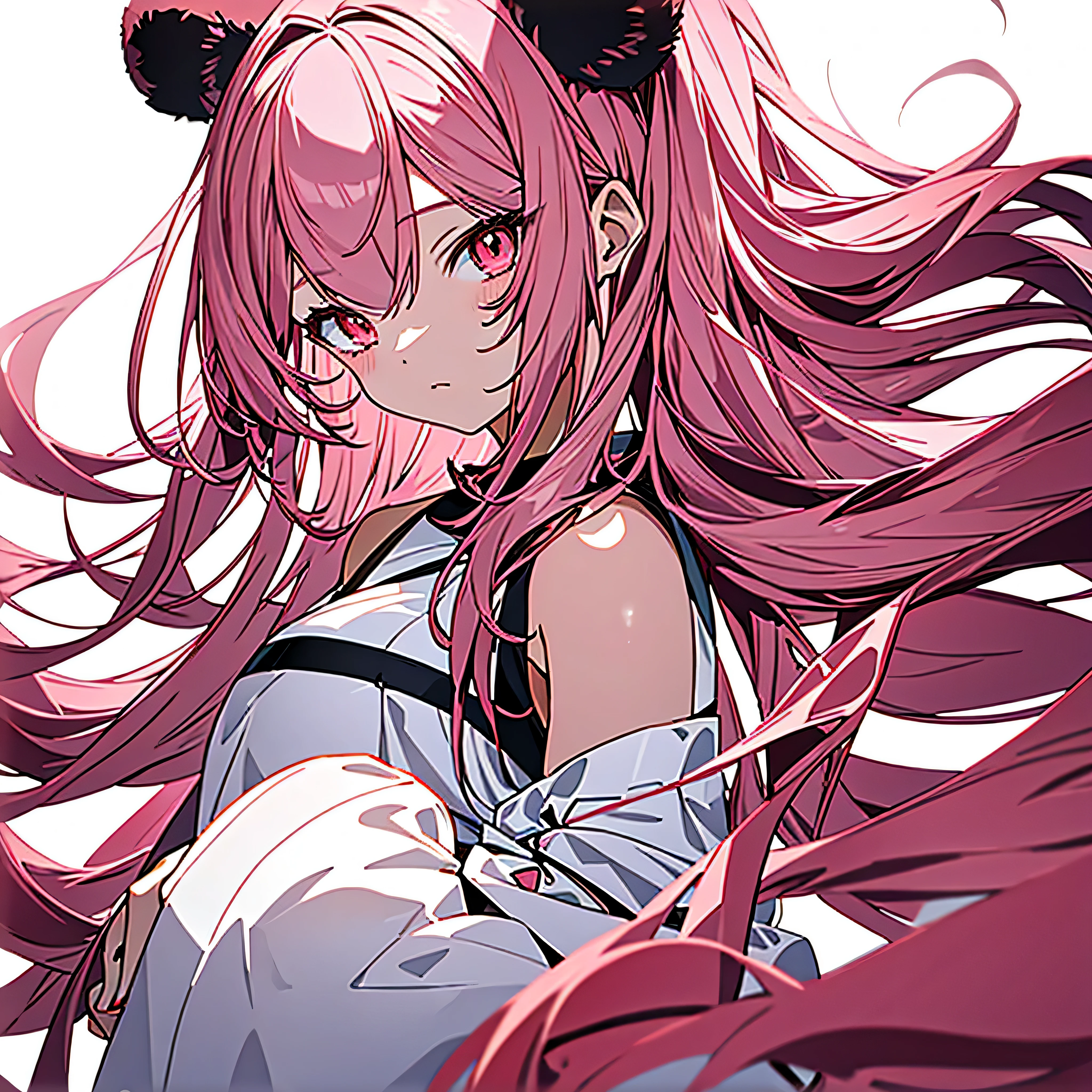 bearの耳,pink long hair,anime character,beautiful girl,bear,red eyes, (simple background, white background: 1.3)