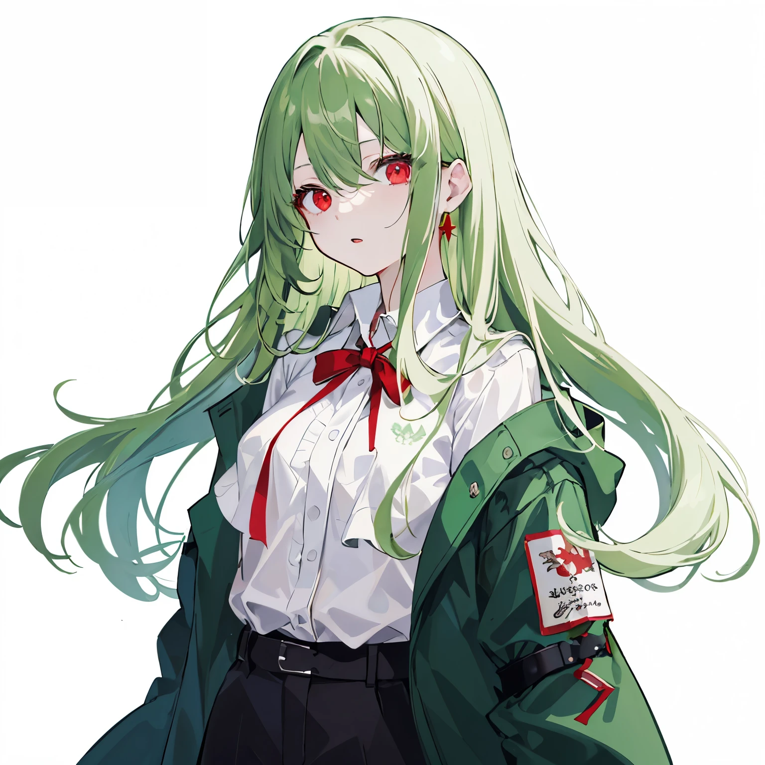 highest quality、masterpiece、masterpiece、red eyes、criomson eyes、long hair、green hair、white dress shirt、Wearing a dark green windbreaker、hair smooth、
