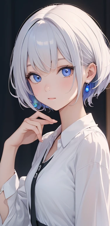 (8K、highest quality、masterpiece:1.2)、Super detailed、super resolution、Realistic、1girl、(two-color hair, white:1.5)、blue eyes、(eye focus:1.3,face focus:1.3,upper body:1.5),(gradient eyes:1.3),(blouse,No sleeve:1.3)、(clear face:1.3),cute face,small breasts,portrait,