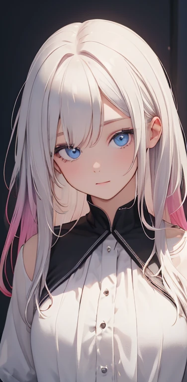 (8K、highest quality、masterpiece:1.2)、Super detailed、super resolution、Realistic、1girl、(two-color hair, white:1.5)、blue eyes、(eye focus:1.3,face focus:1.3,upper body:1.5),(gradient eyes:1.3),(blouse,No sleeve:1.3)、(clear face:1.3),cute face,small breasts,portrait,
