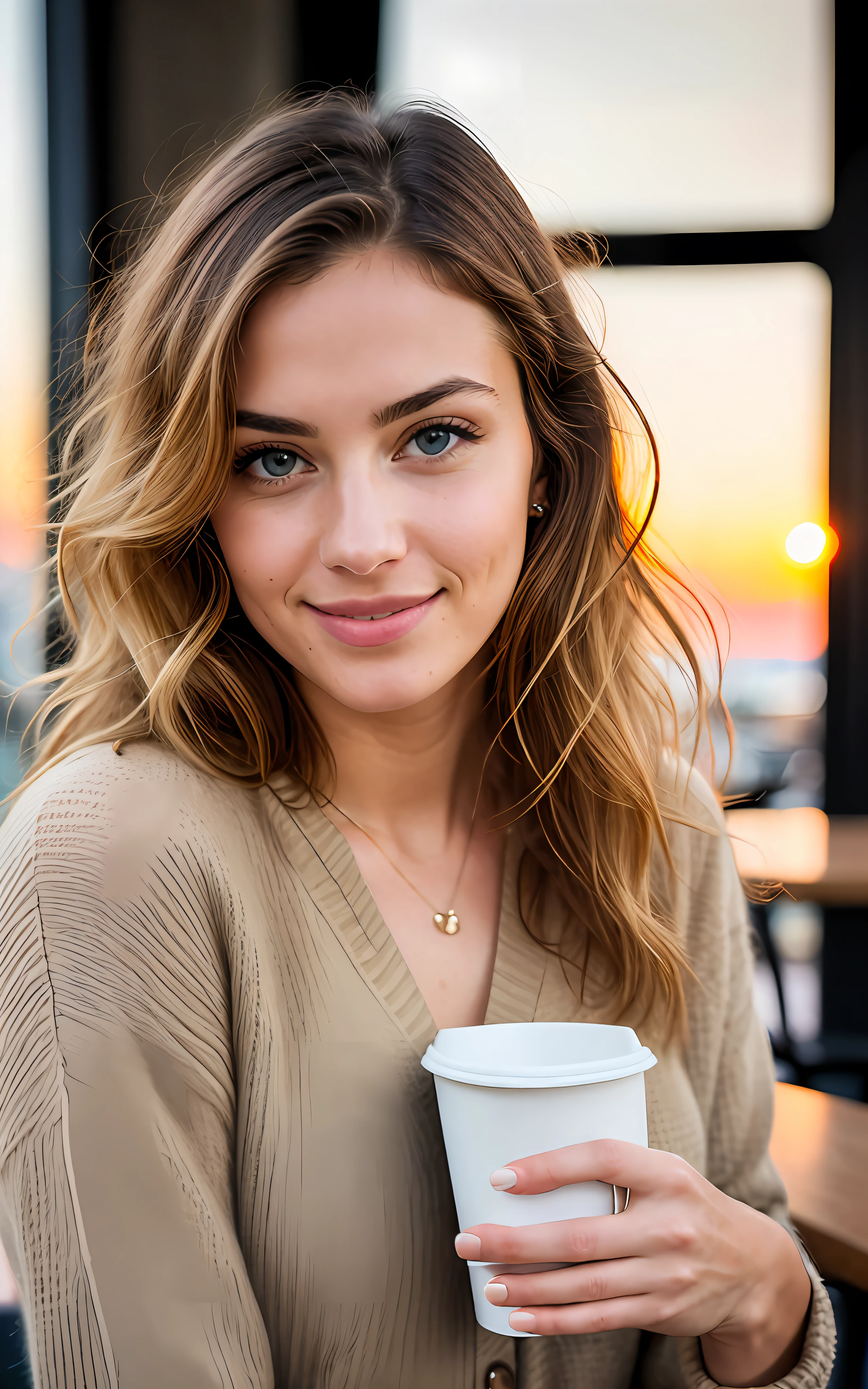 Beautiful blonde wearing beige sweater (drinking coffee in a modern cafe at sunset), Muito detalhado, 21 anos de idade, rosto inocente, cabelos ondulados naturais, olhos azuis, high resolution, obra de arte, melhor qualidade, detalhes intrincados, altamente detalhado, sharp focus, pele detalhada, Realista skin textura, textura, olhos detalhados, profissional, 4k, sorriso charmoso, filmado em Canon, 85mm, profundidade superficial de campo, Cores Kodak Vision, corpo em forma perfeita, extremamente detalhado, foto_\(ultra\), photoRealista, Realista, Post-processing, maximum detail, rugosidade, Vida real, ultra Realista, fotorrealismo, fotografia, 8k hd, fotografia