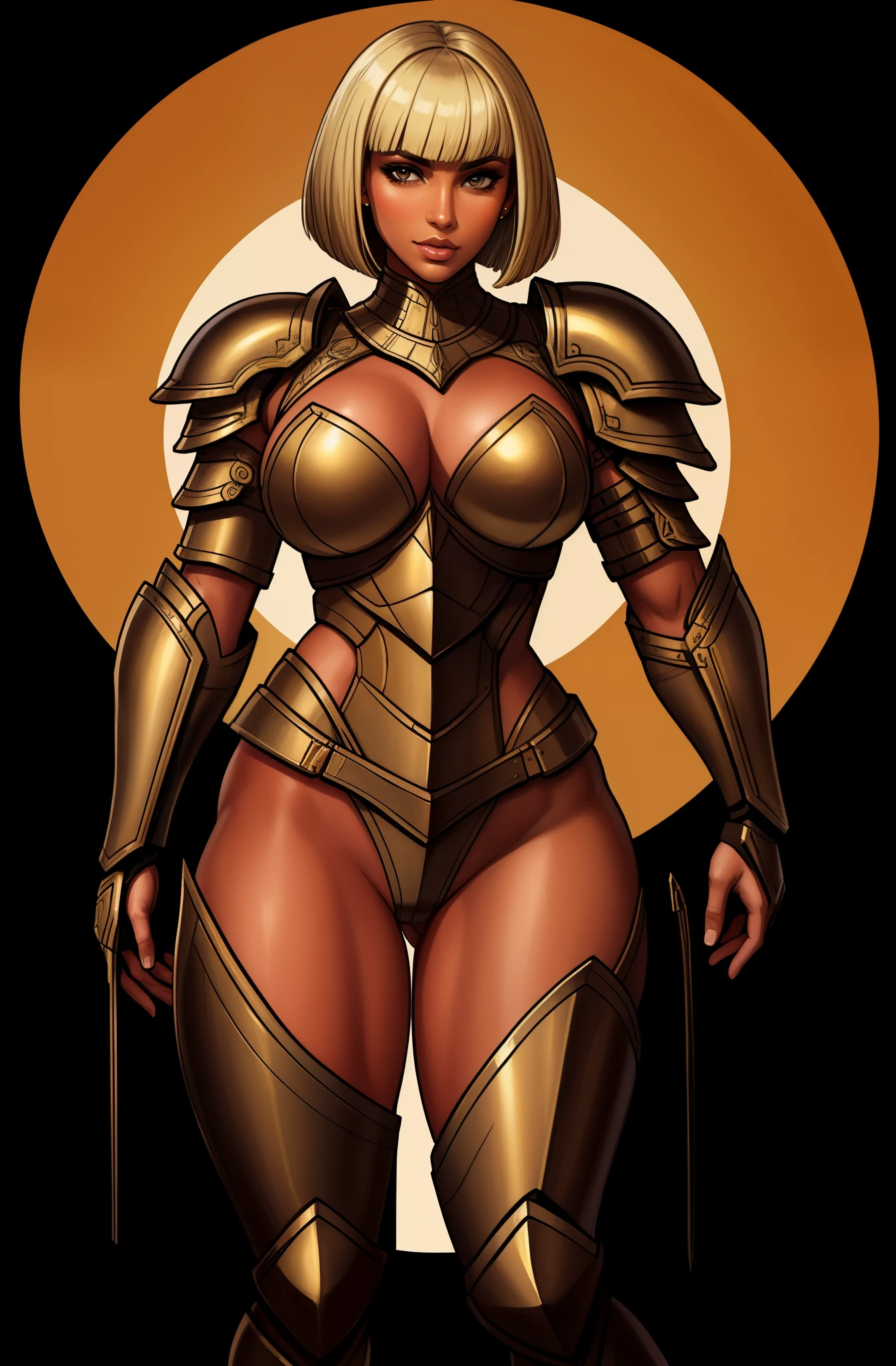 bronze skin, tanned, gorgeous woman, full body shot, muscular, blank background, black background, blonde, heavy armour, bobcut
