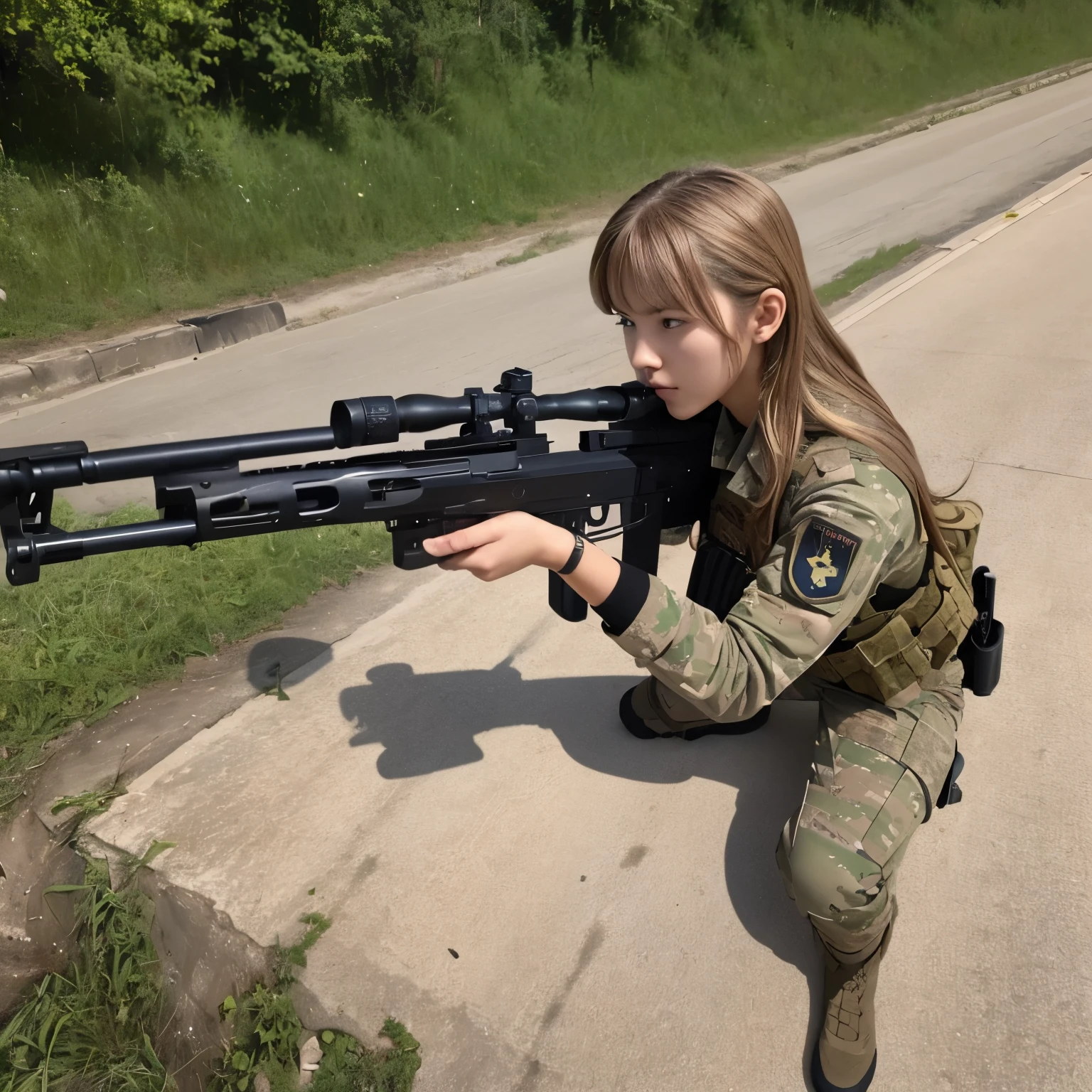 {{Masterpiece, top quality, highly detailed CG, unified 8k wallpaper, movie lighting, lens flare}}, girl shooting rifle, wide view, full body, thick body, long blond hair, green eyes, (holding a weapon, holding a rifle, aiming, aiming: 1.4), gun, h&k hk416, carbine, open fire, firing, (1 girl soldier aiming a huge rifle), 24 years old, teeth out, special forces, from above, knee shooting,